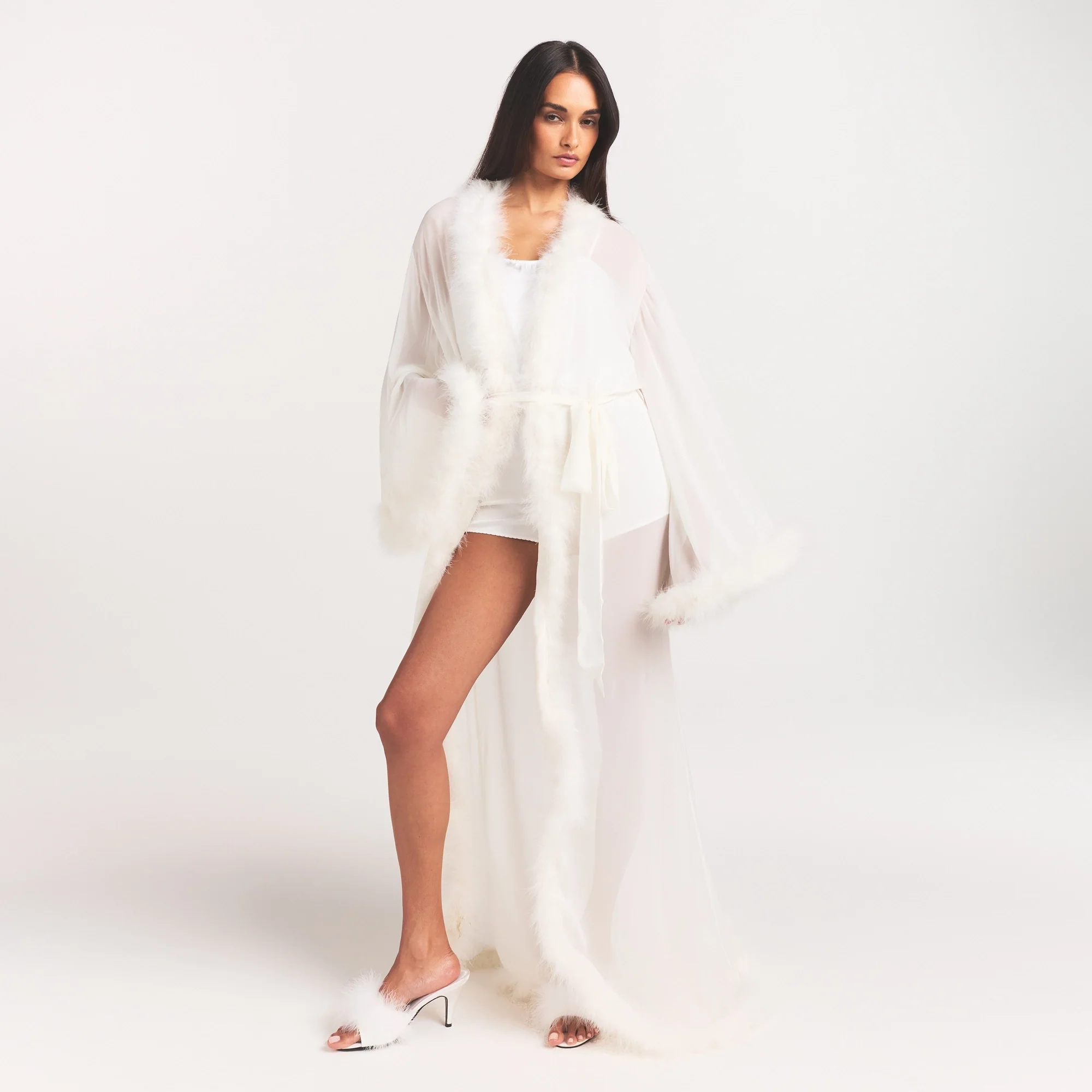 BRIDAL SLEEP FEATHER TRIM LONG ROBE | IVORY - Image 2