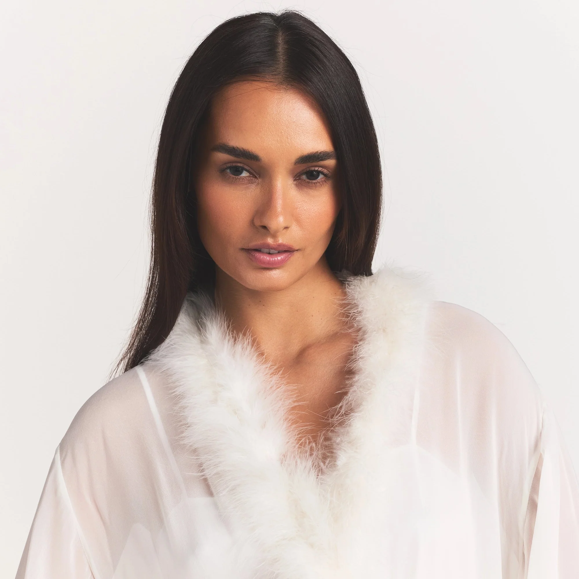 BRIDAL SLEEP FEATHER TRIM LONG ROBE | IVORY - Image 4