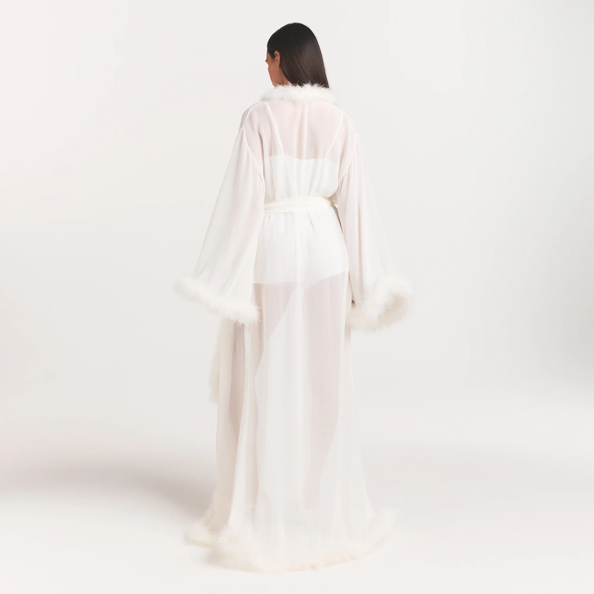 BRIDAL SLEEP FEATHER TRIM LONG ROBE | IVORY - Image 5