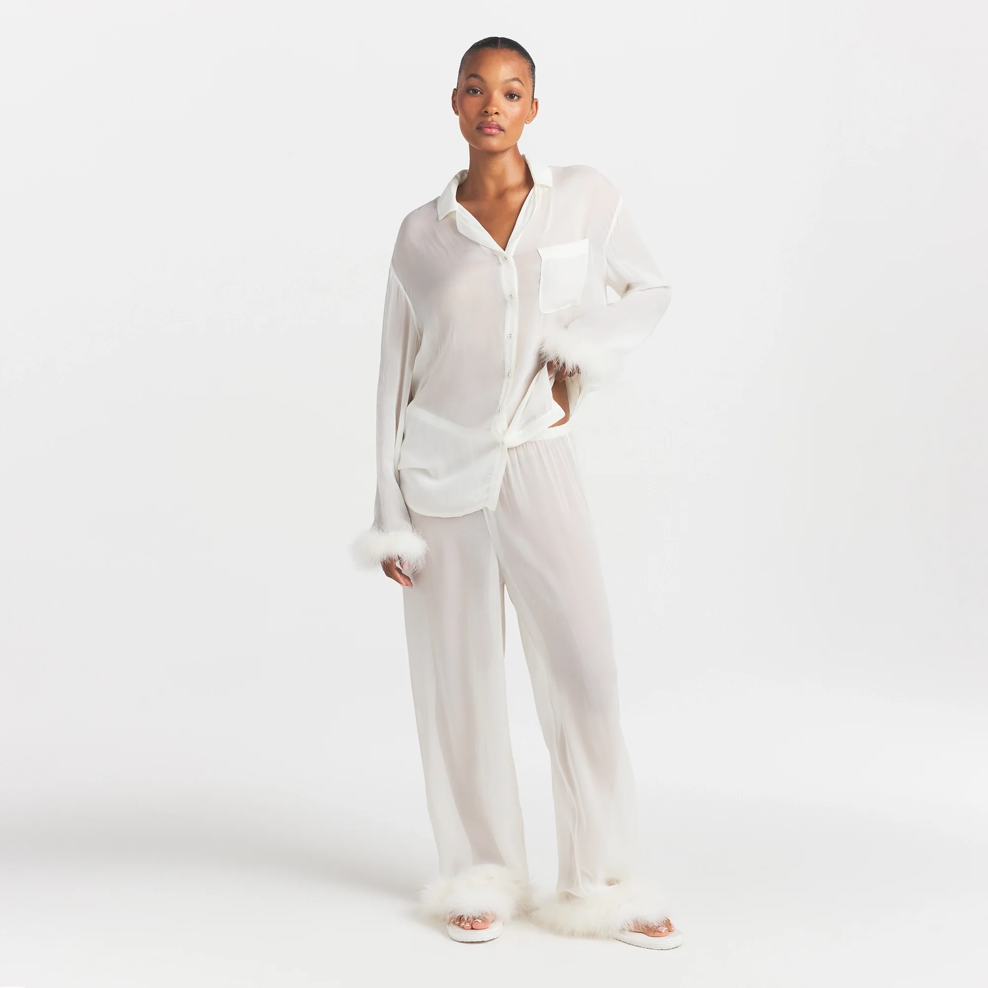 BRIDAL SLEEP FEATHER TRIM LONG SET | IVORY - Image 5