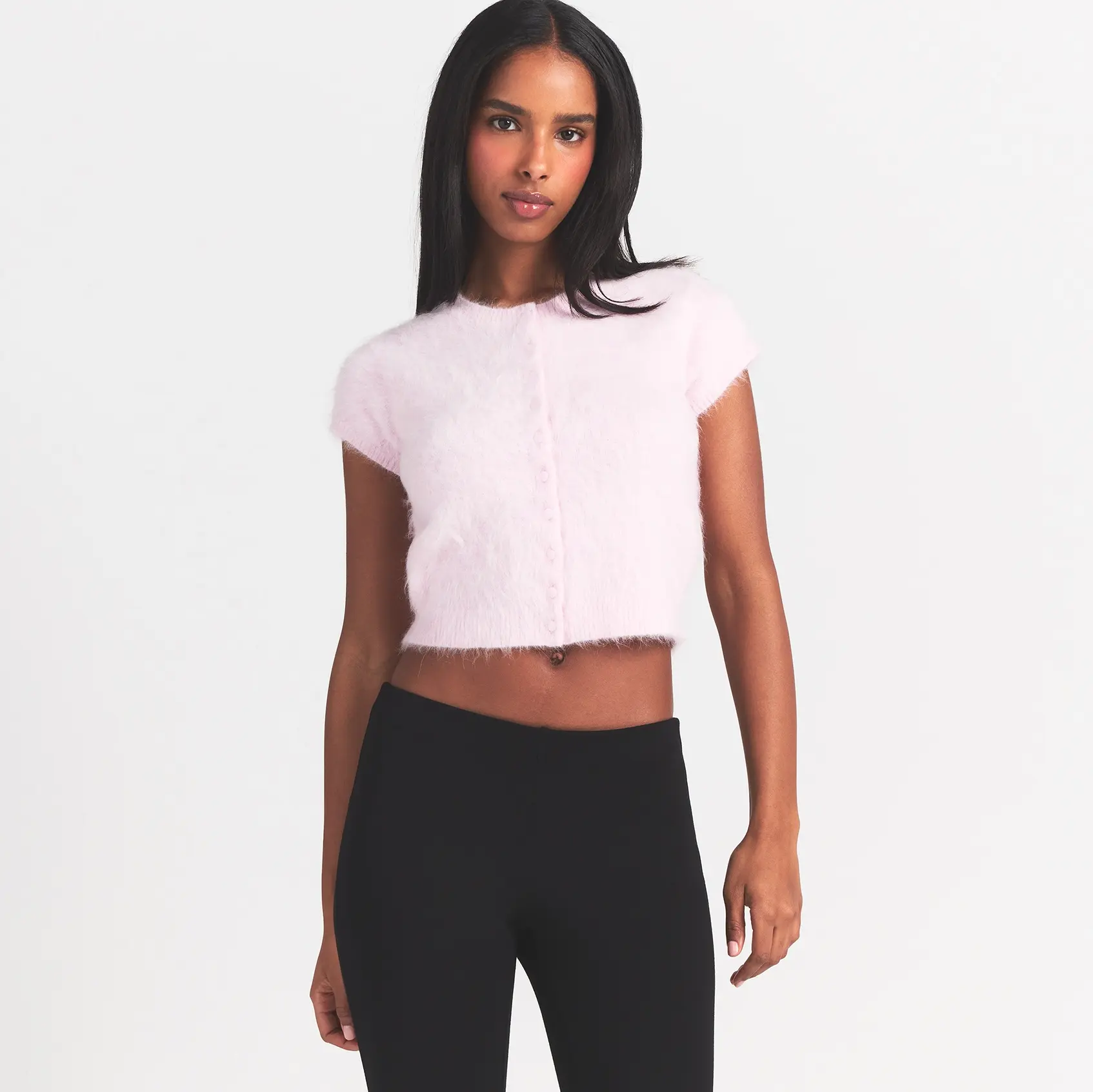 BRUSHED ALPACA SHORT SLEEVE CARDIGAN | CHERRY BLOSSOM - Image 3