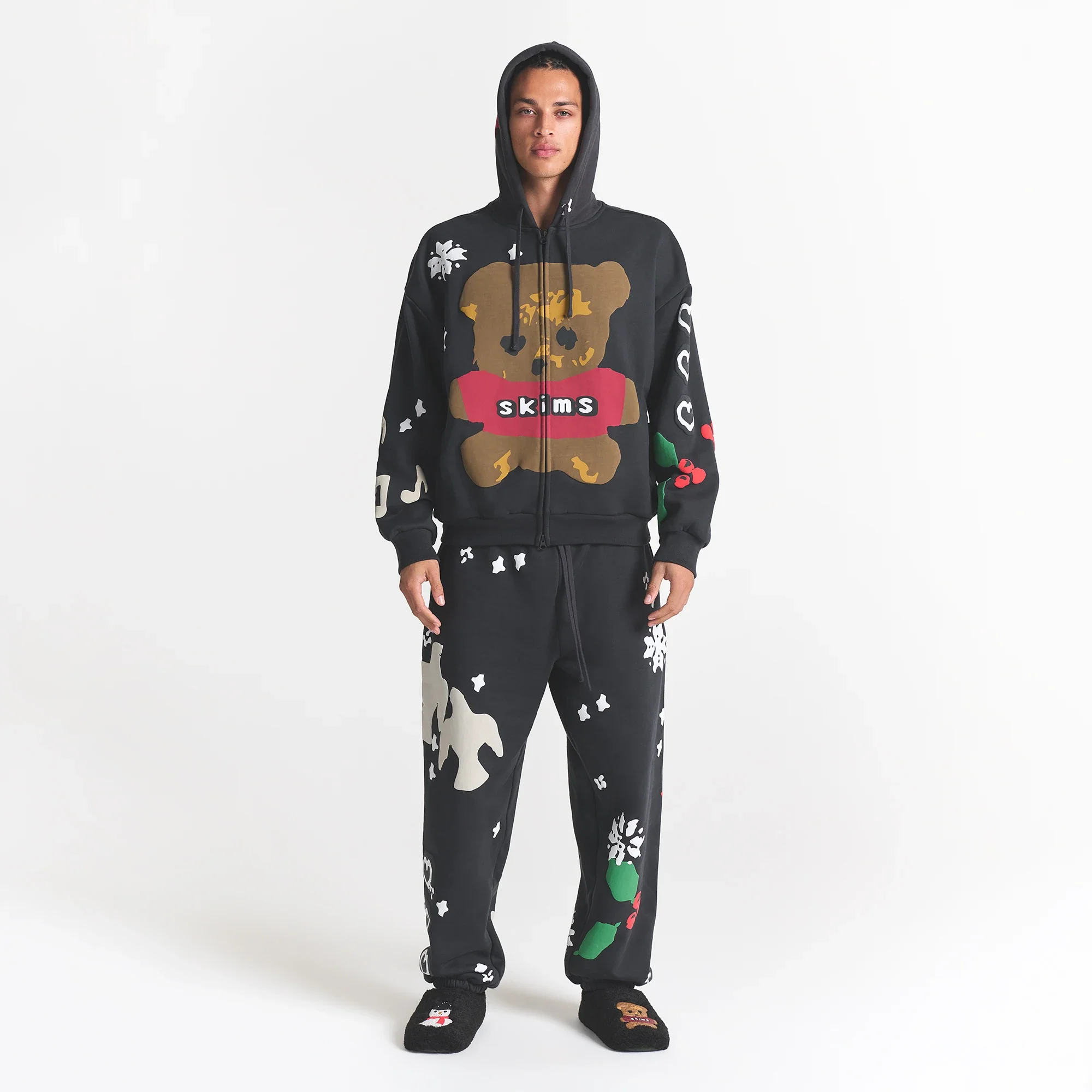 CACTUS PLANT FLEA MARKET X SKIMS HEAVYWEIGHT FLEECE MENS RELAXED ZIP UP HOODIE | ONYX TEDDY BEAR PRINT - Image 2