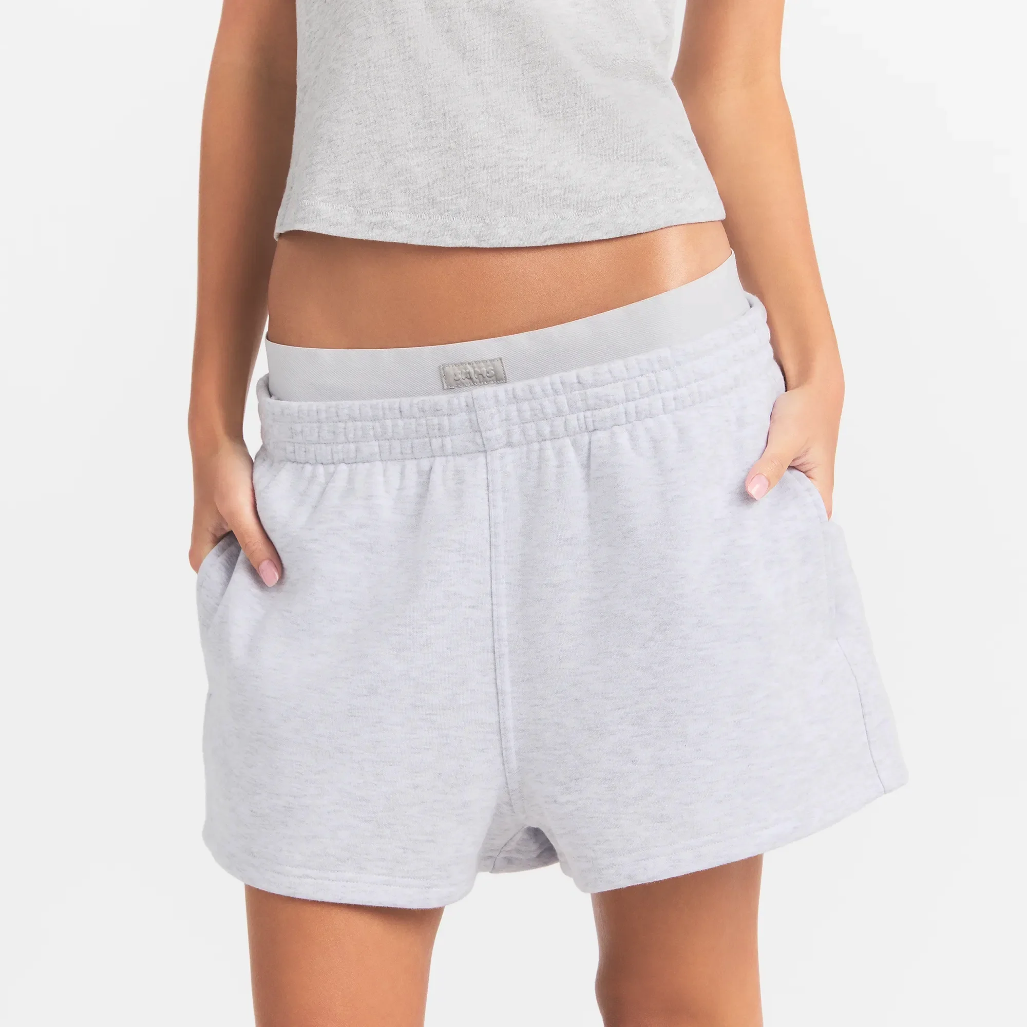 COTTON FLEECE DOUBLE WAISTBAND SHORT | LIGHT HEATHER GREY - Image 3