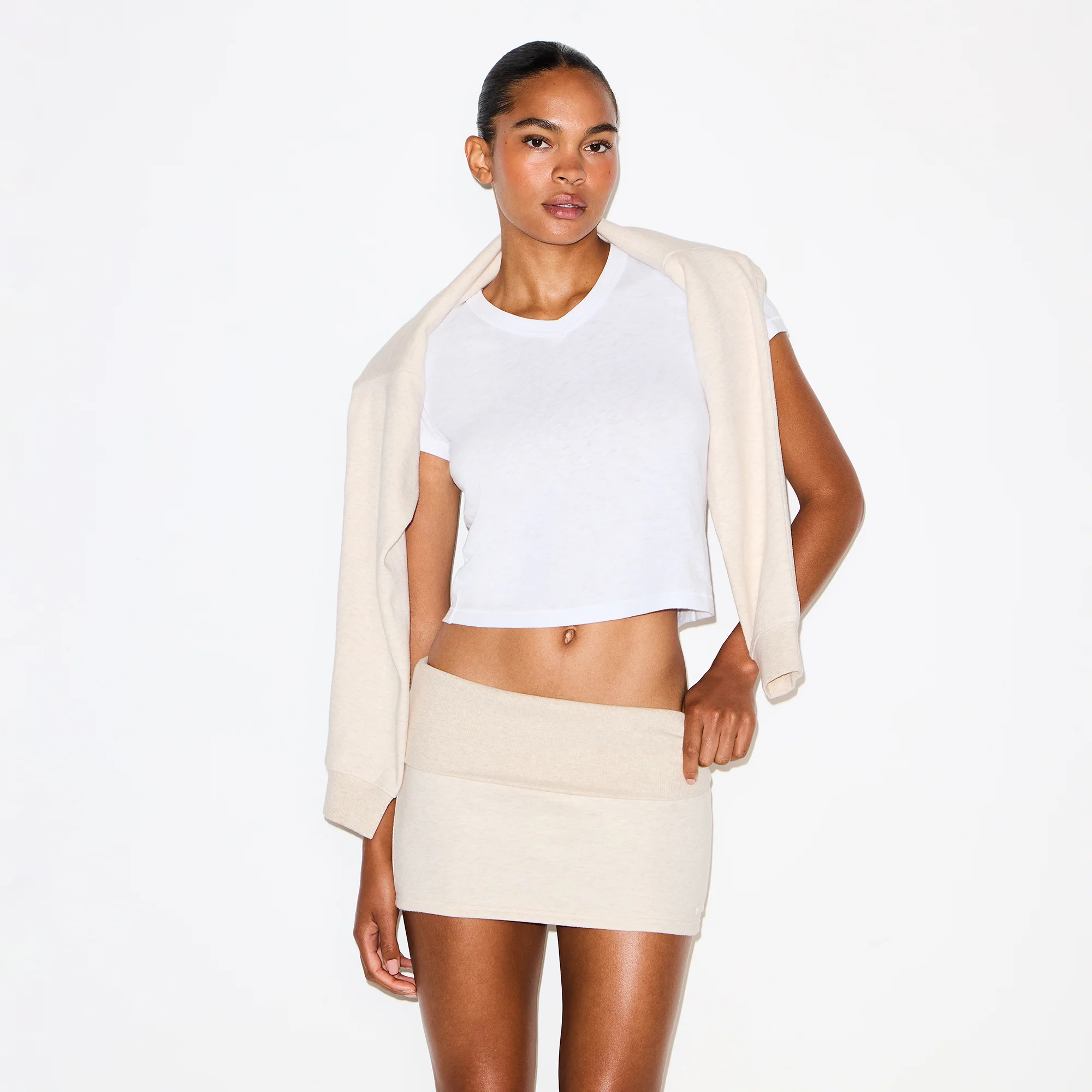 COTTON FLEECE FOLDOVER MINI SKIRT | OATMEAL HEATHER - Image 4