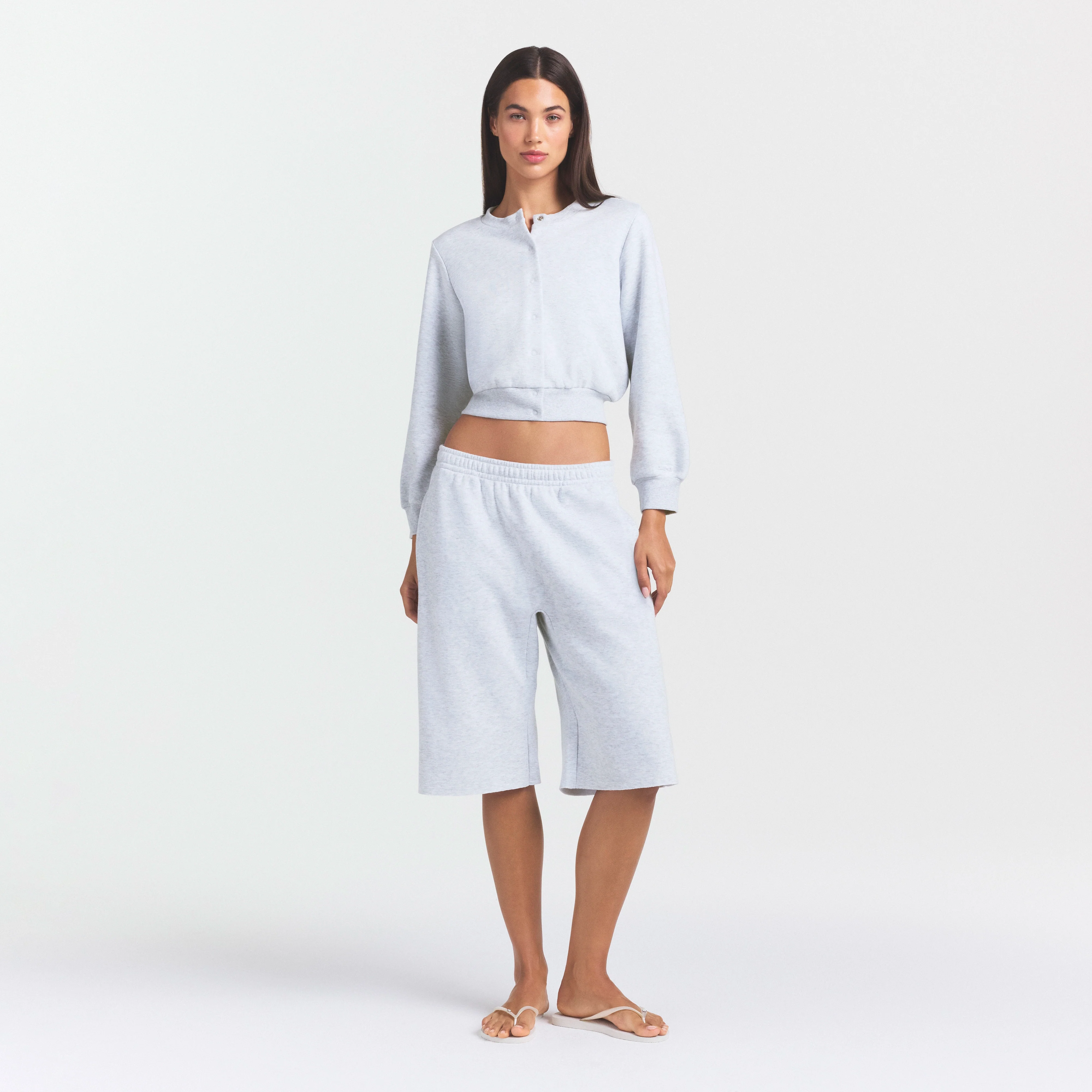 COTTON FLEECE SHRUNKEN CARDIGAN | LIGHT HEATHER GREY - Image 2