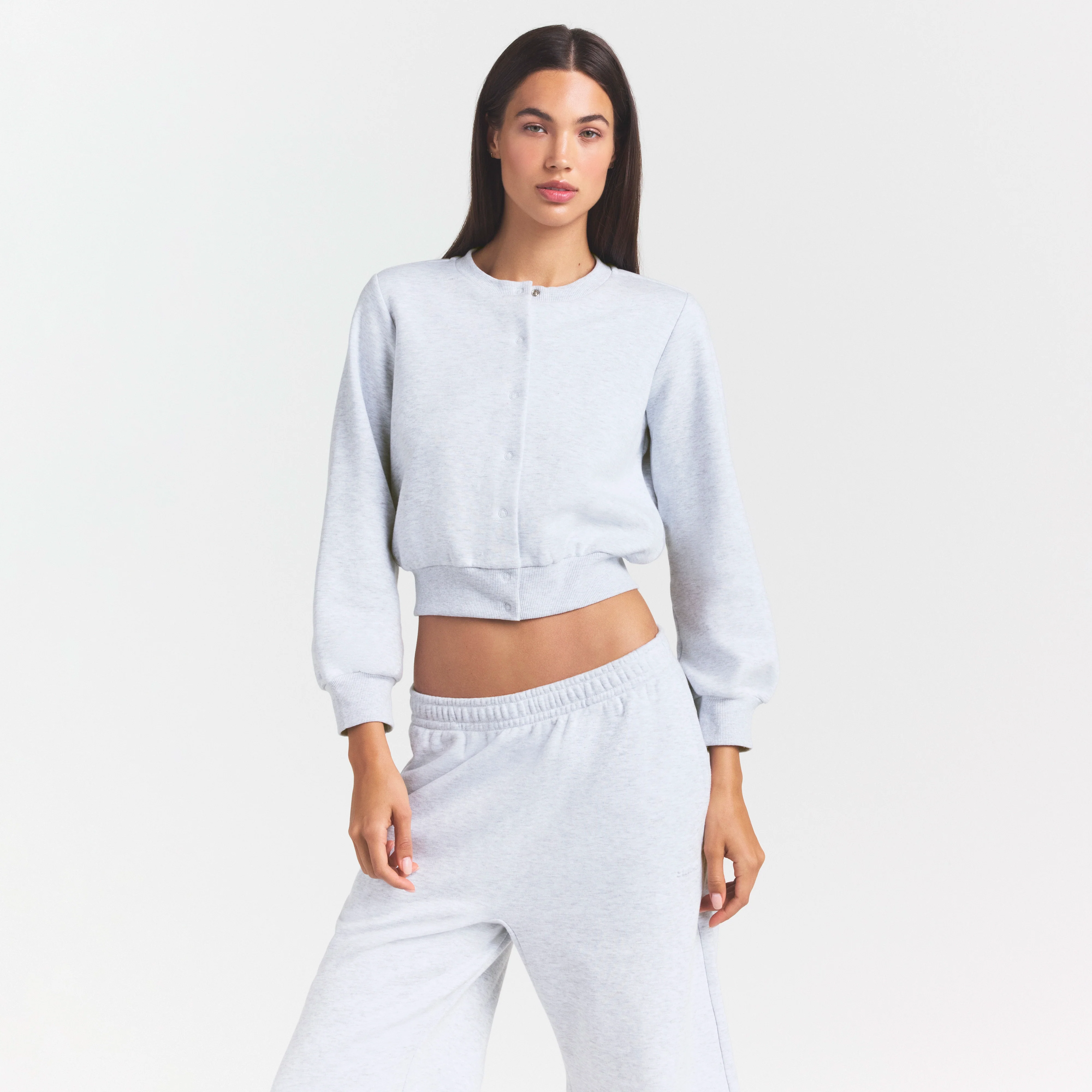 COTTON FLEECE SHRUNKEN CARDIGAN | LIGHT HEATHER GREY - Image 3