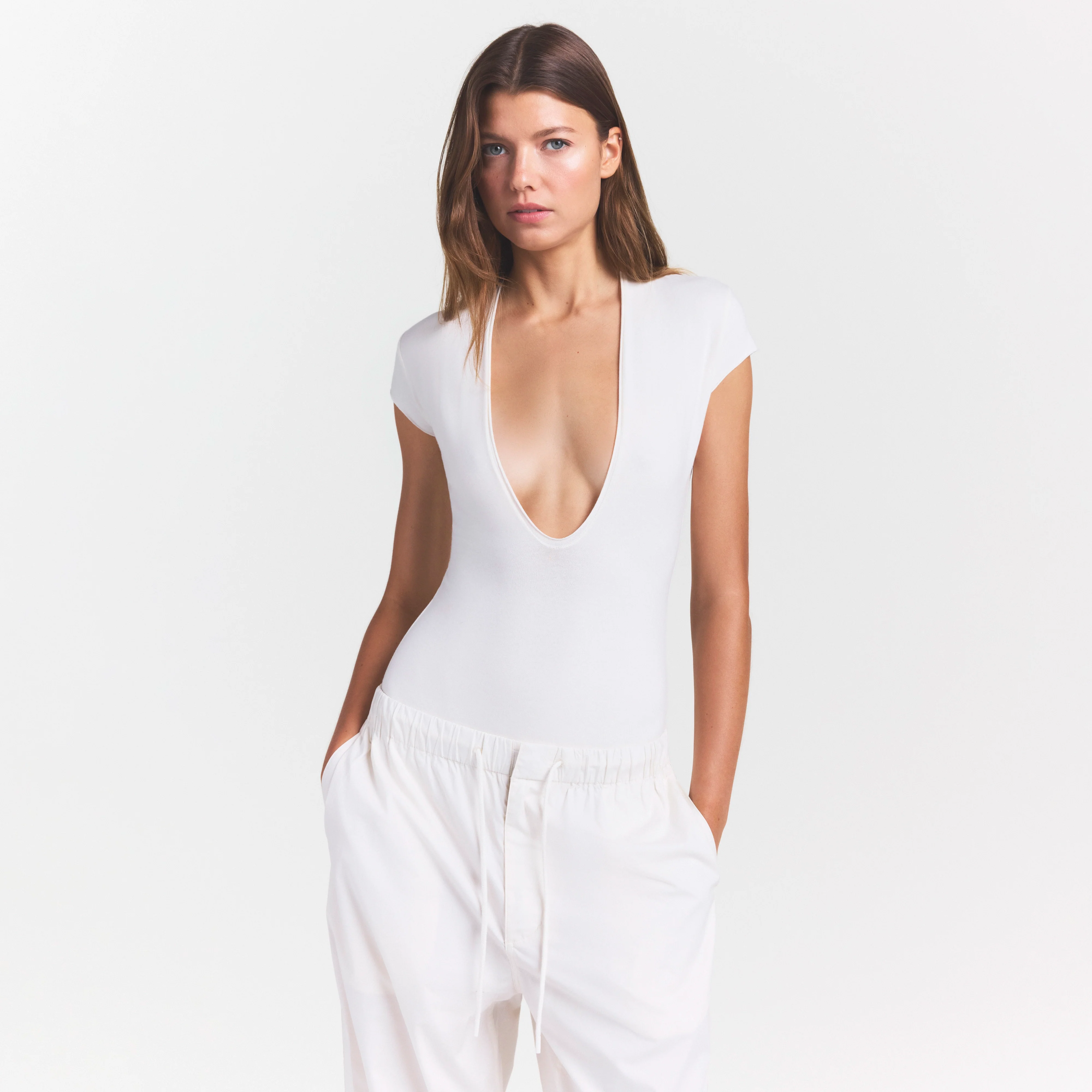 COTTON JERSEY DEEP PLUNGE BODYSUIT | MARBLE - Image 5