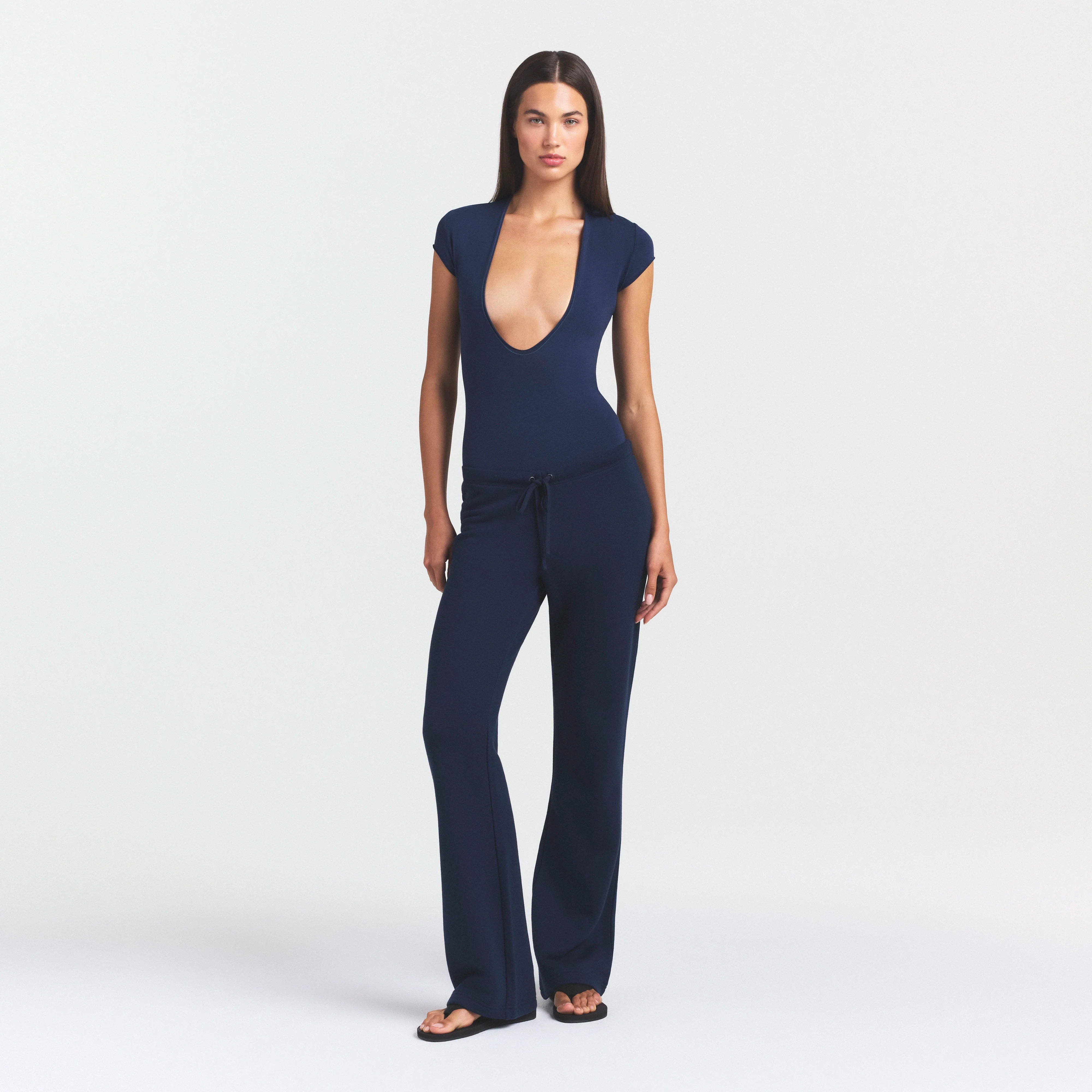 COTTON JERSEY DEEP PLUNGE BODYSUIT | NAVY - Image 2