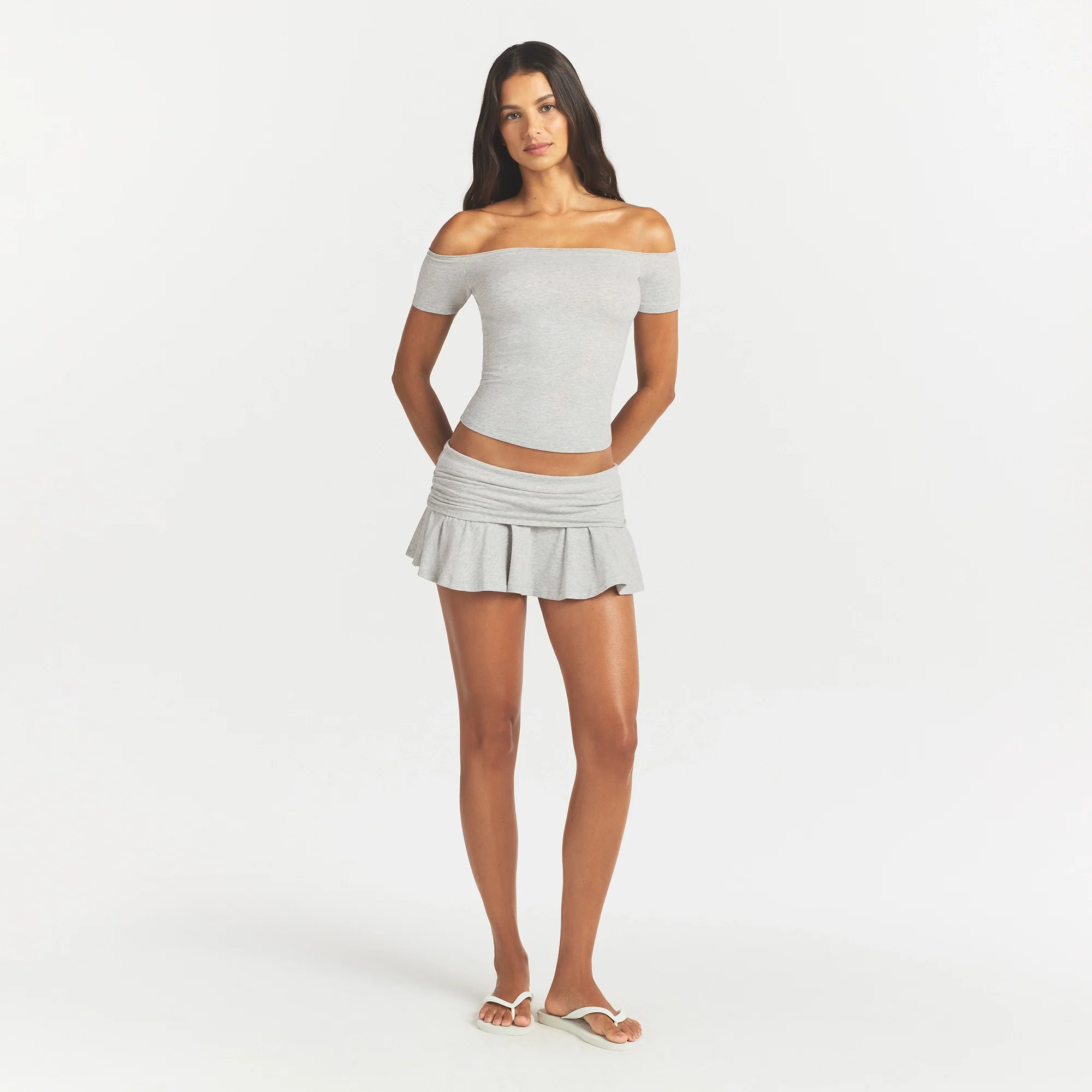 COTTON JERSEY FOLDOVER MINI SKORT | LIGHT HEATHER GREY - Image 2