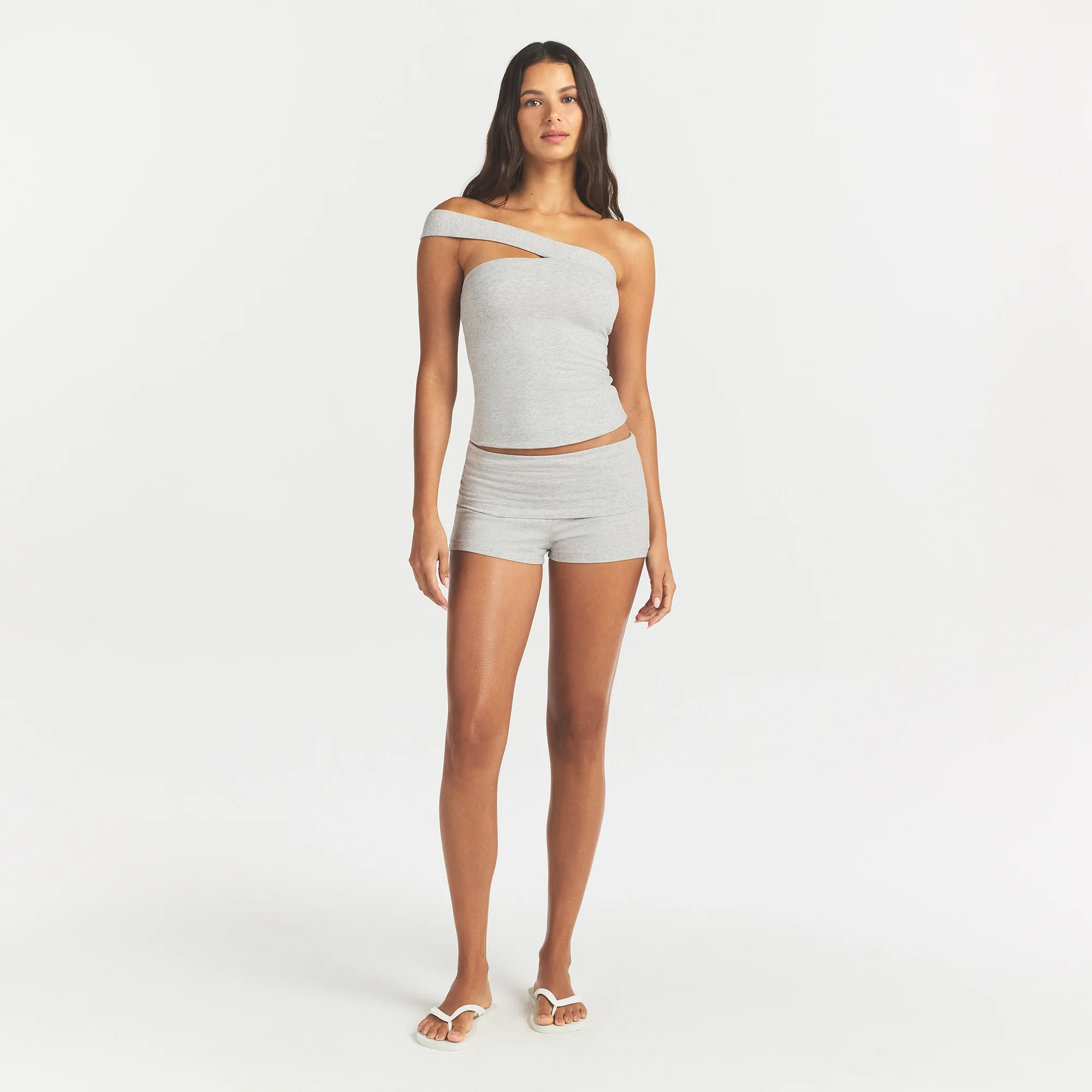 COTTON JERSEY FOLDOVER SHORT | LIGHT HEATHER GREY - Image 2