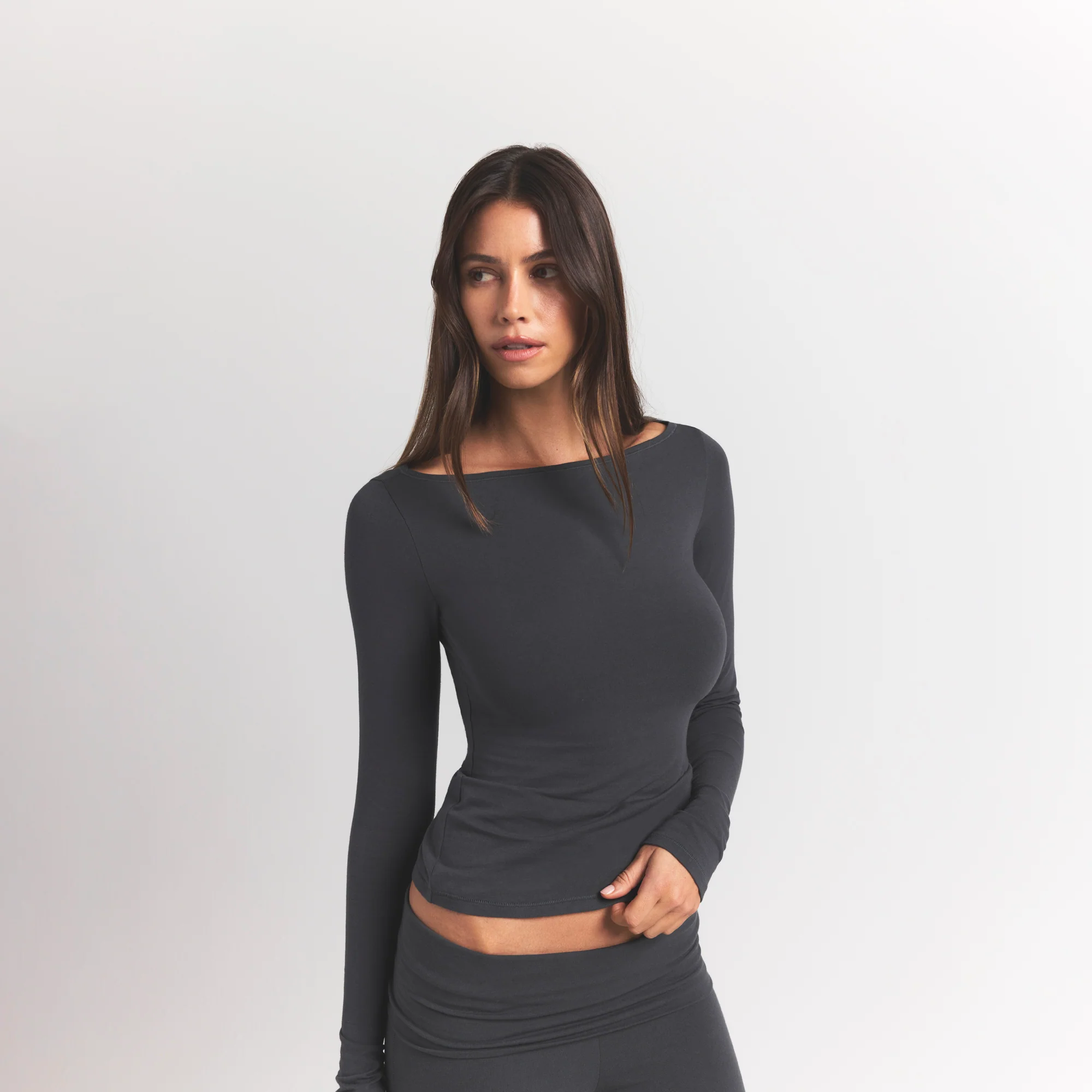 COTTON JERSEY LONG SLEEVE BOATNECK TOP | ASH - Image 3