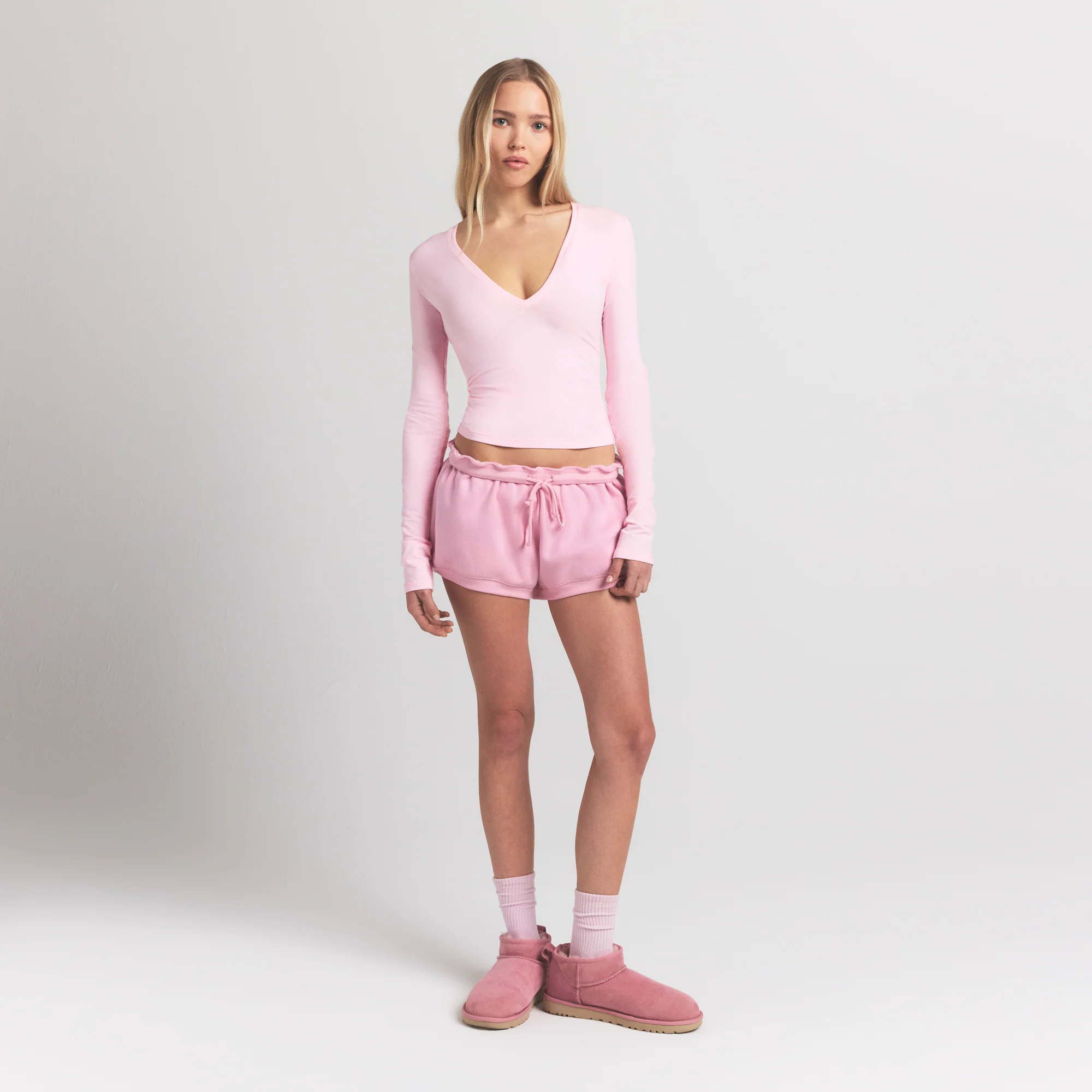 COTTON JERSEY LONG SLEEVE PLUNGE TOP | CHERRY BLOSSOM - Image 2