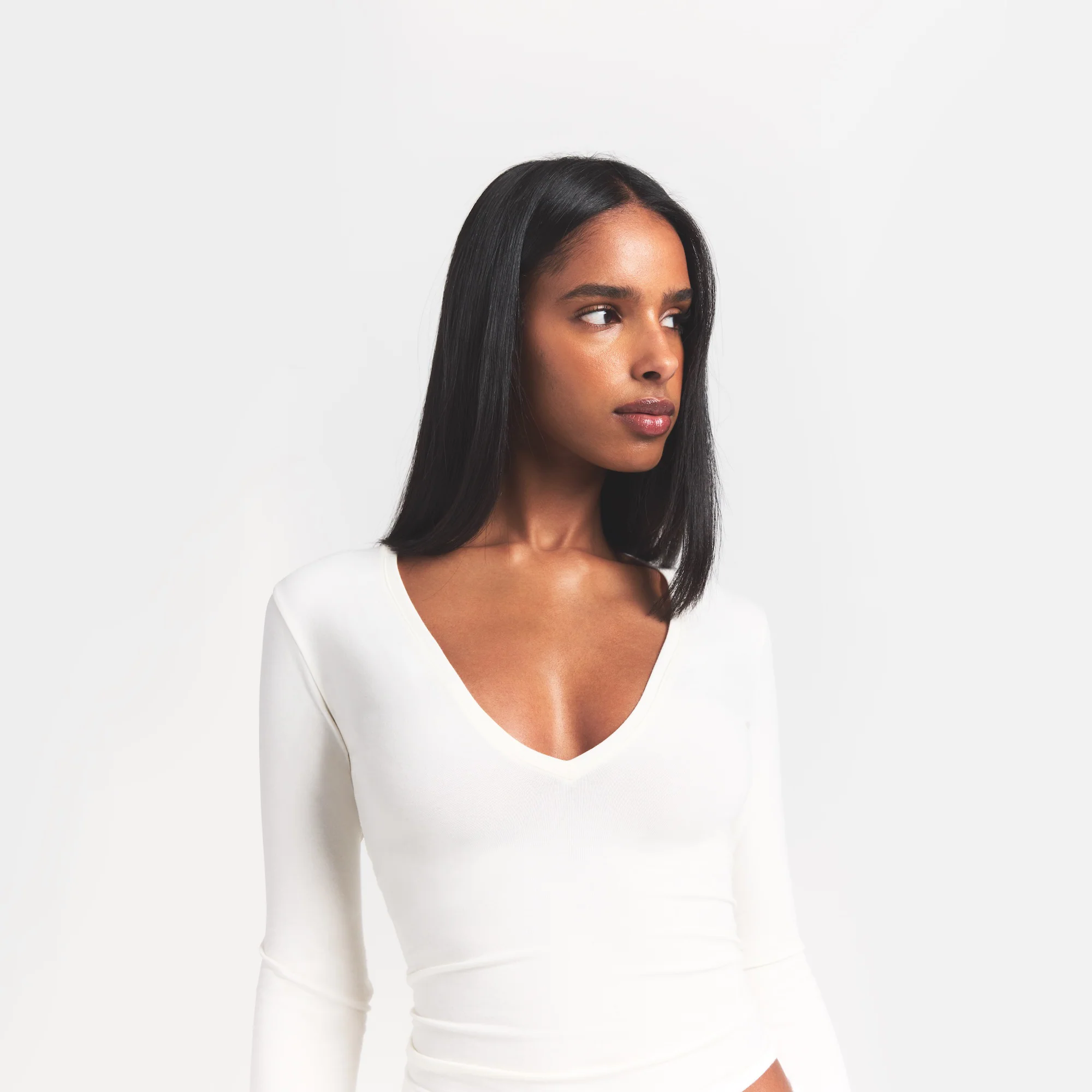 COTTON JERSEY LONG SLEEVE PLUNGE TOP | MARBLE - Image 3