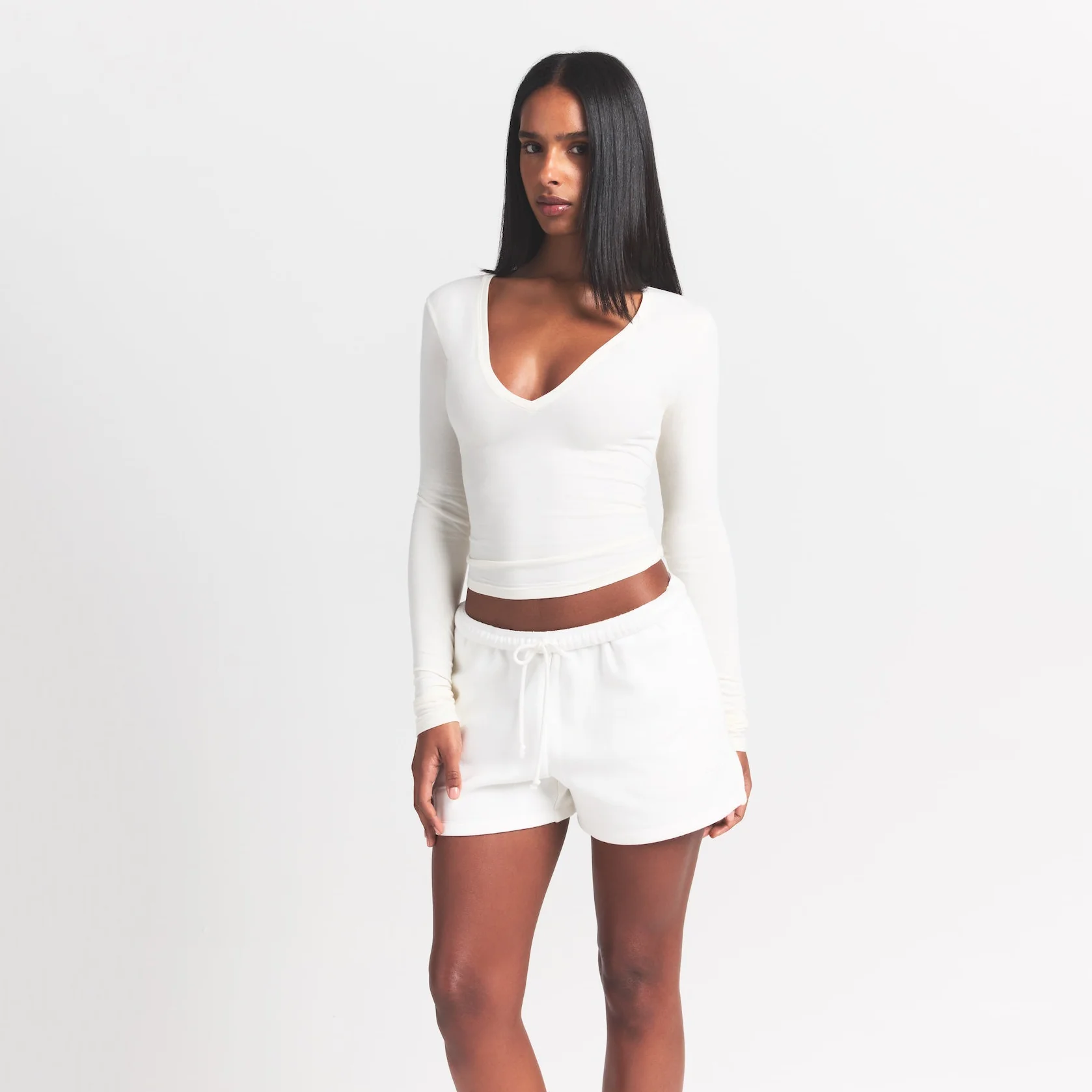 COTTON JERSEY LONG SLEEVE PLUNGE TOP | MARBLE - Image 4