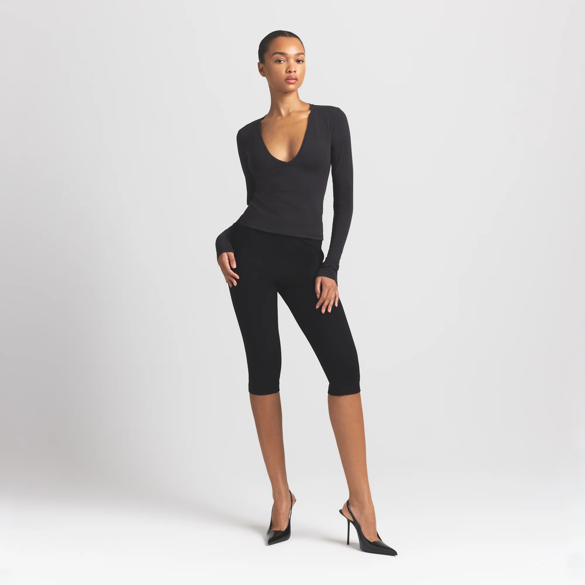 COTTON JERSEY LONG SLEEVE PLUNGE TOP | SOOT - Image 2