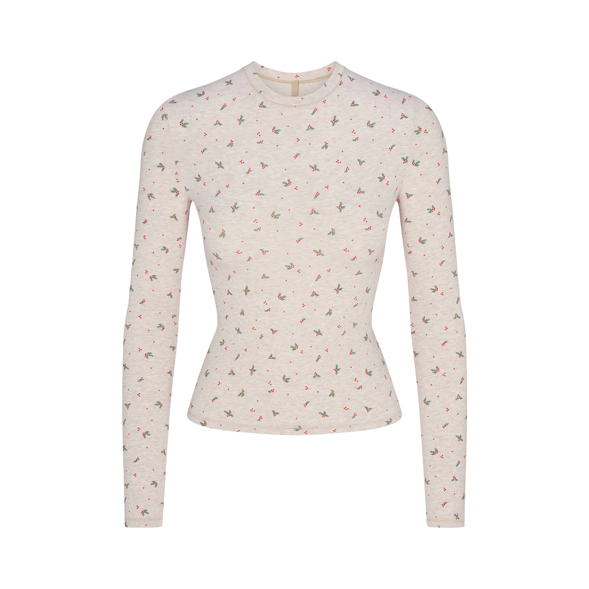 COTTON JERSEY LONG SLEEVE T-SHIRT | OATMEAL HEATHER HOLLY PRINT