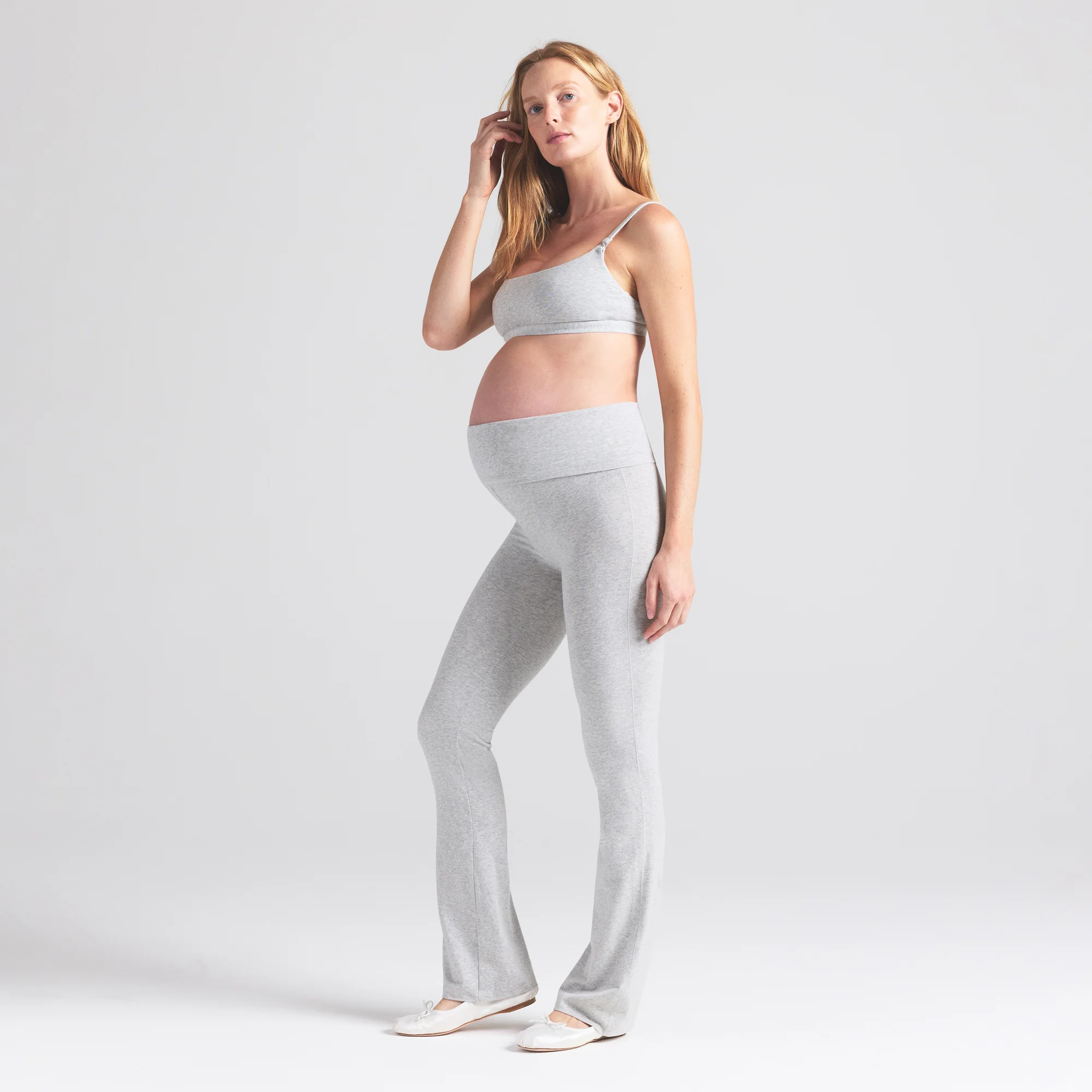 COTTON JERSEY MATERNITY FOLDOVER PANT | LIGHT HEATHER GREY - Image 2