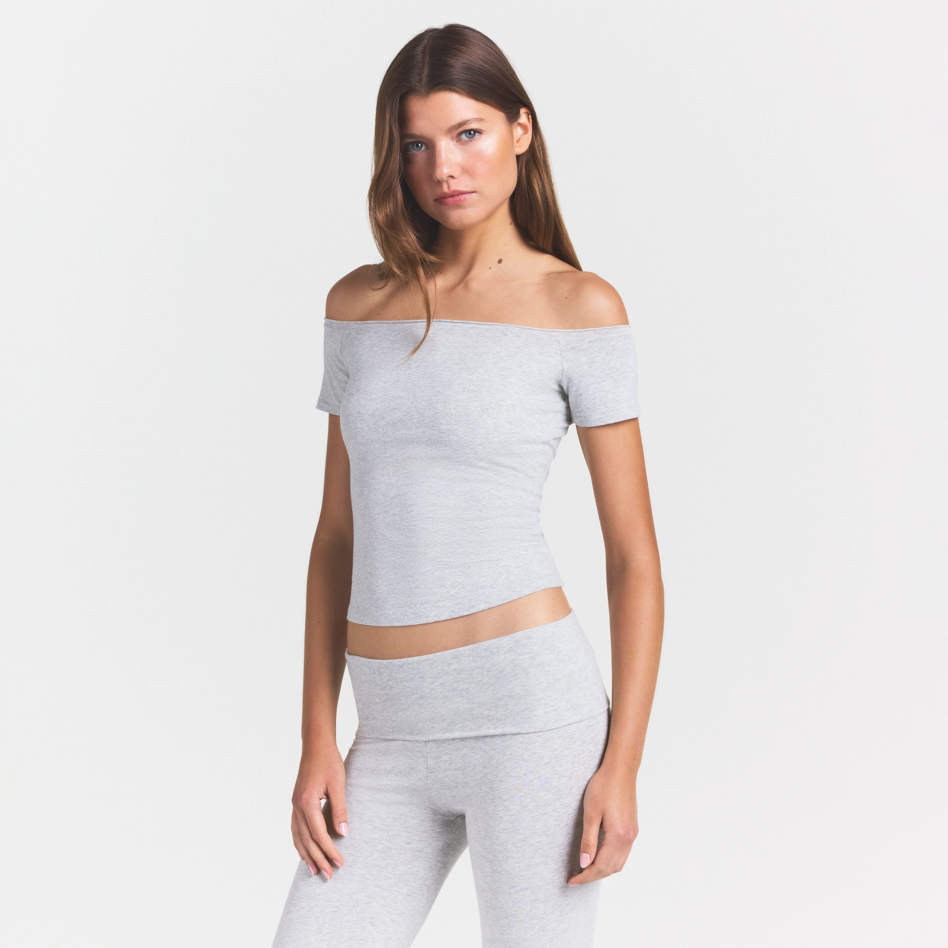 COTTON JERSEY OFF THE SHOULDER TOP | LIGHT HEATHER GREY - Image 3