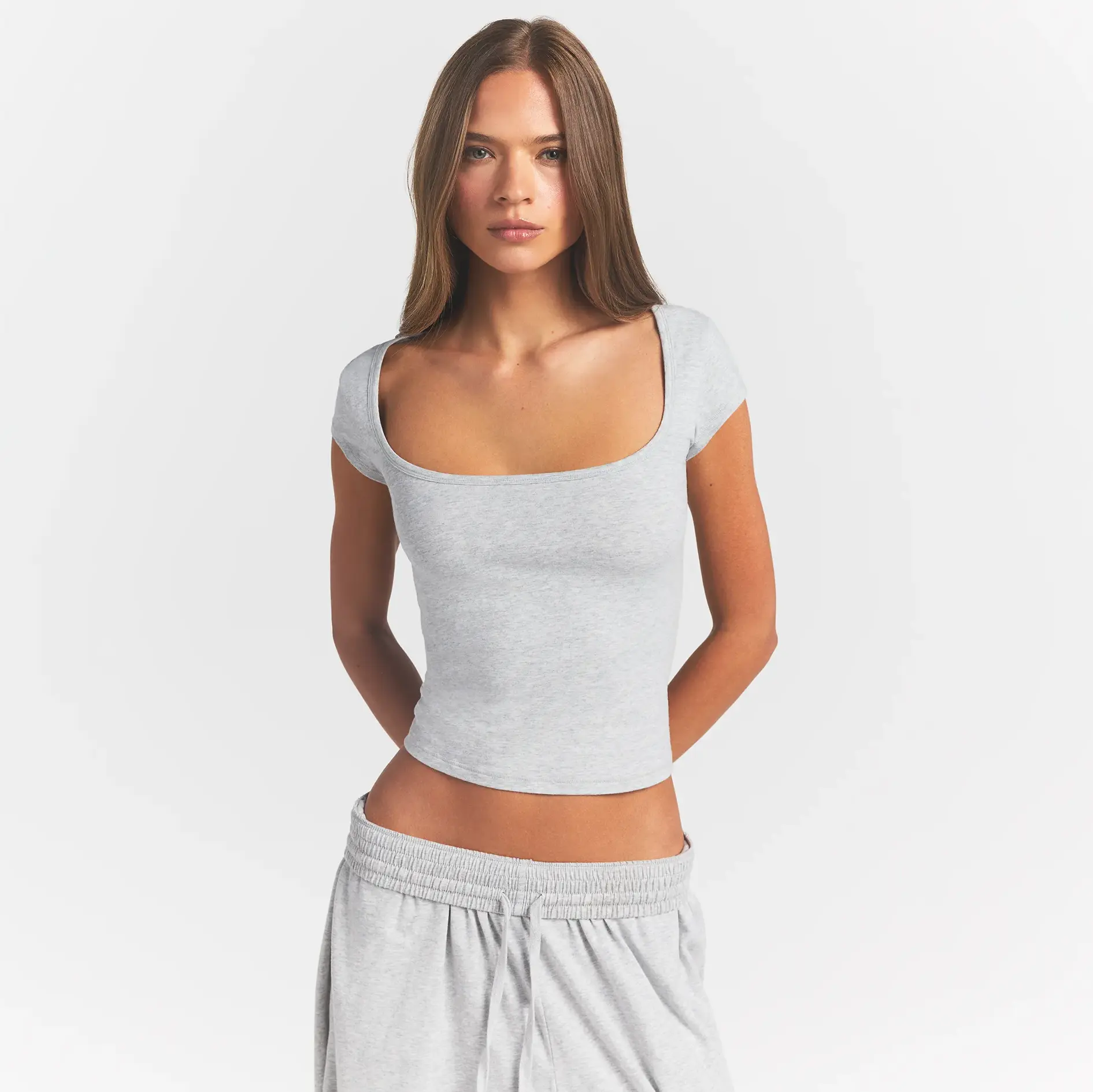 COTTON JERSEY SCOOP NECK T-SHIRT | LIGHT HEATHER GREY - Image 3