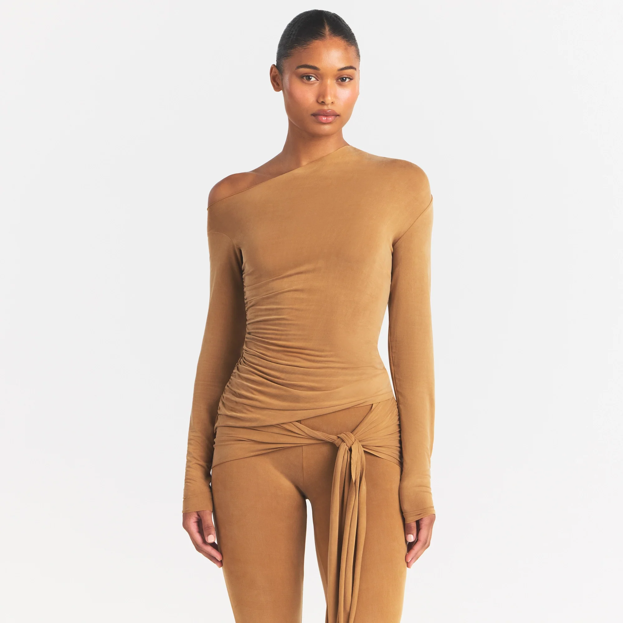 CUPRO JERSEY ASYMMETRICAL TOP | ALMOND - Image 3