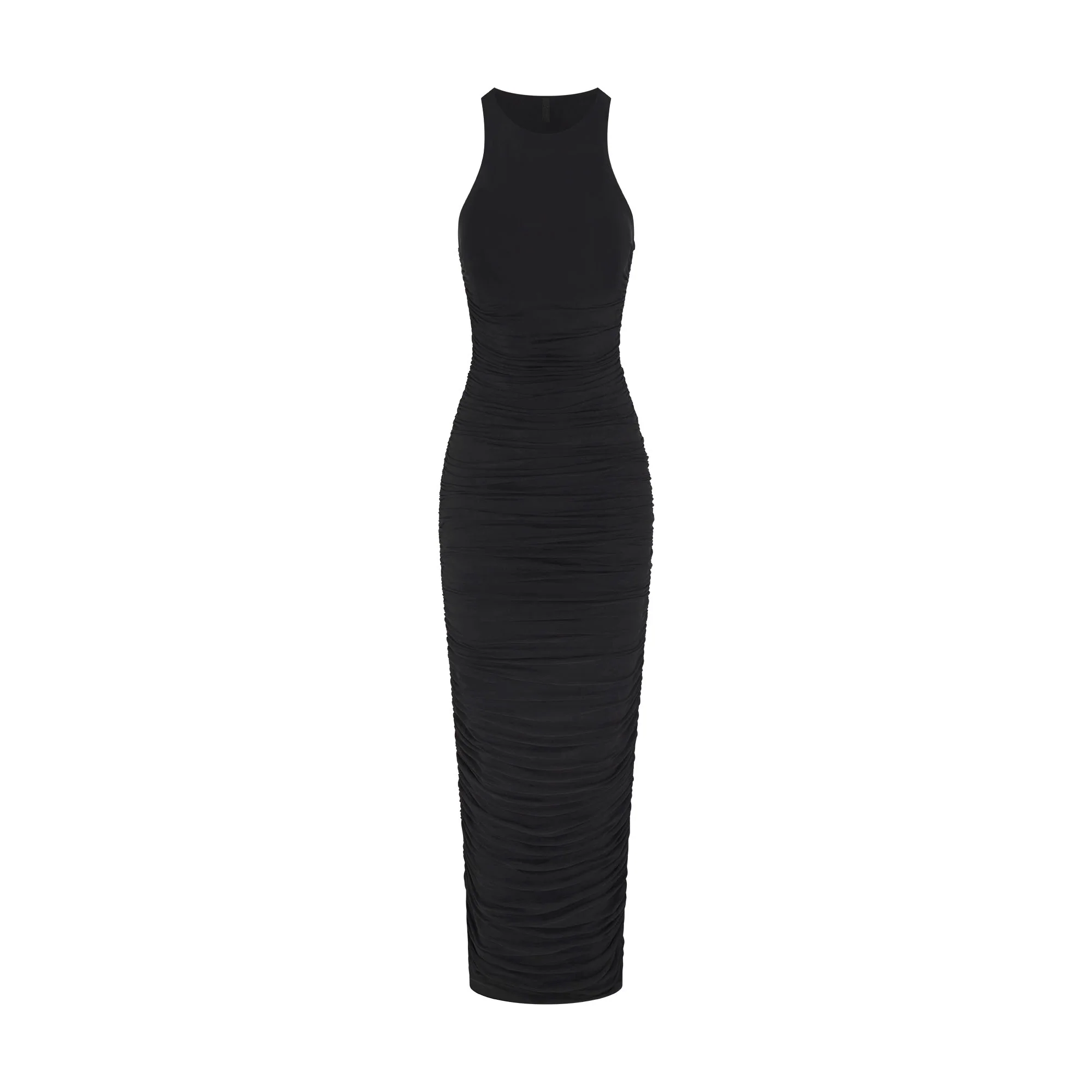 CUPRO JERSEY RUCHED LONG DRESS | OBSIDIAN
