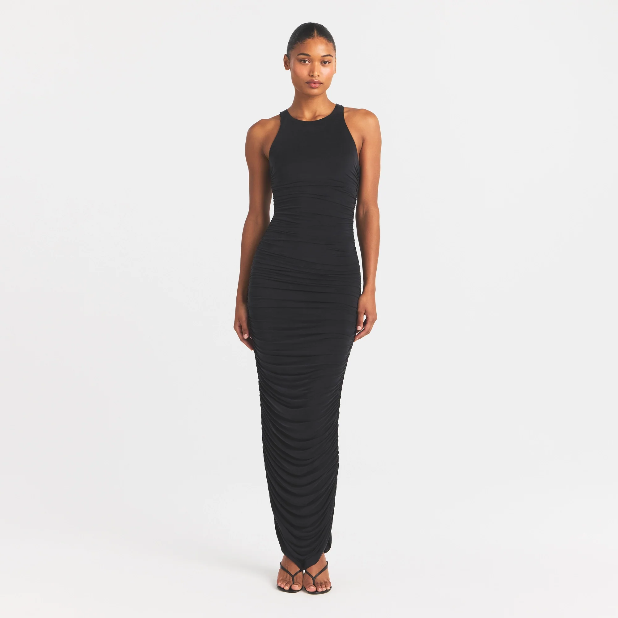 CUPRO JERSEY RUCHED LONG DRESS | OBSIDIAN - Image 2