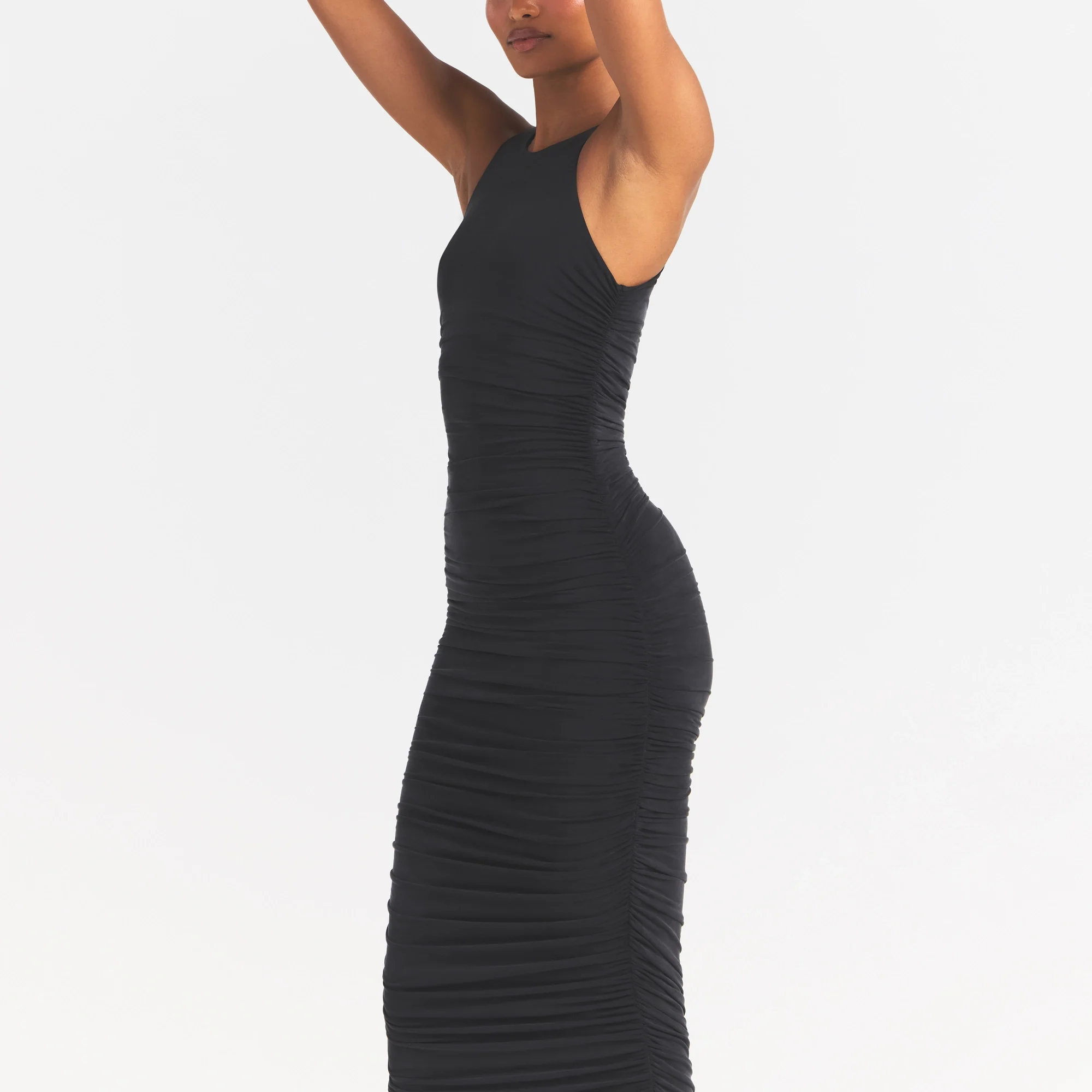 CUPRO JERSEY RUCHED LONG DRESS | OBSIDIAN - Image 3