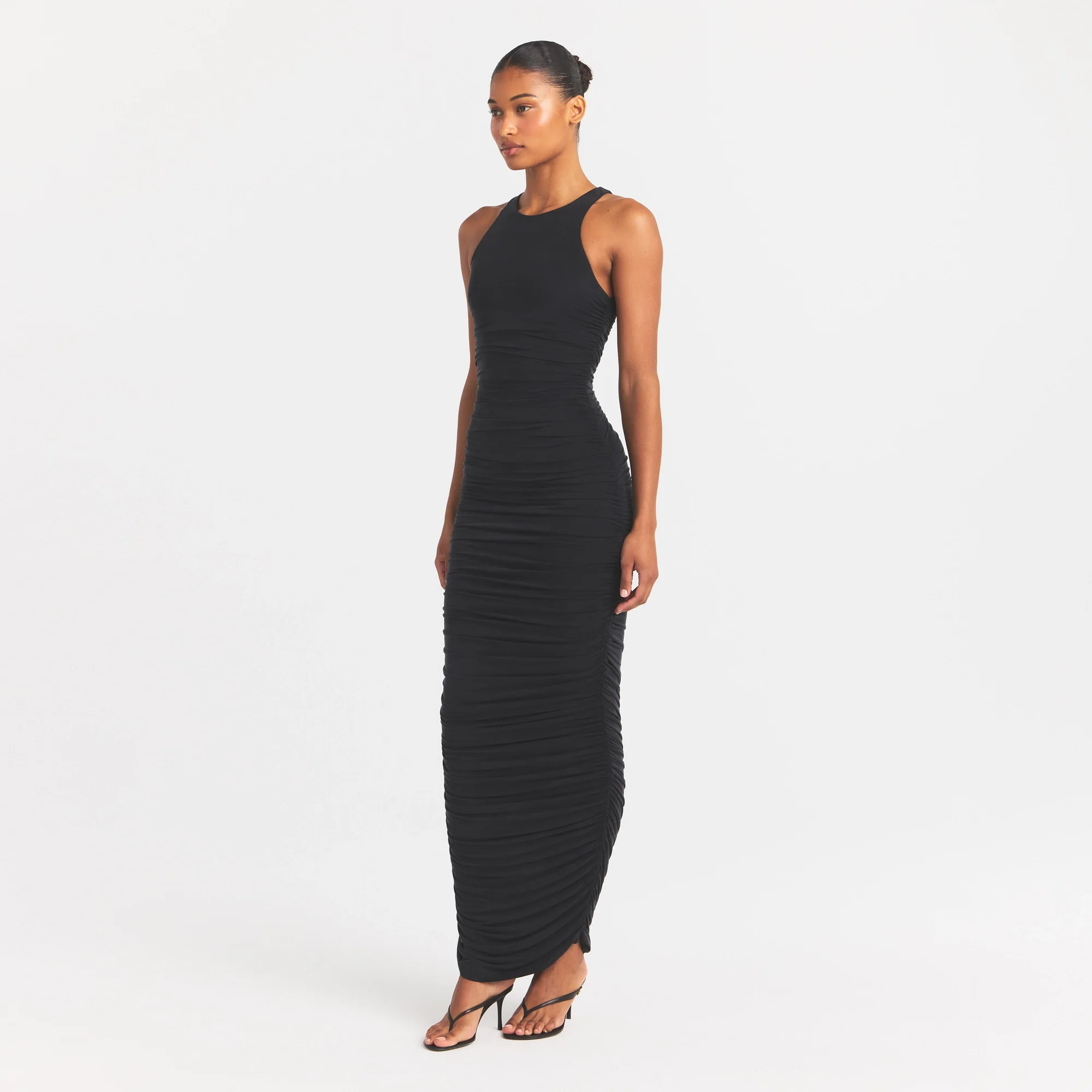 CUPRO JERSEY RUCHED LONG DRESS | OBSIDIAN - Image 4