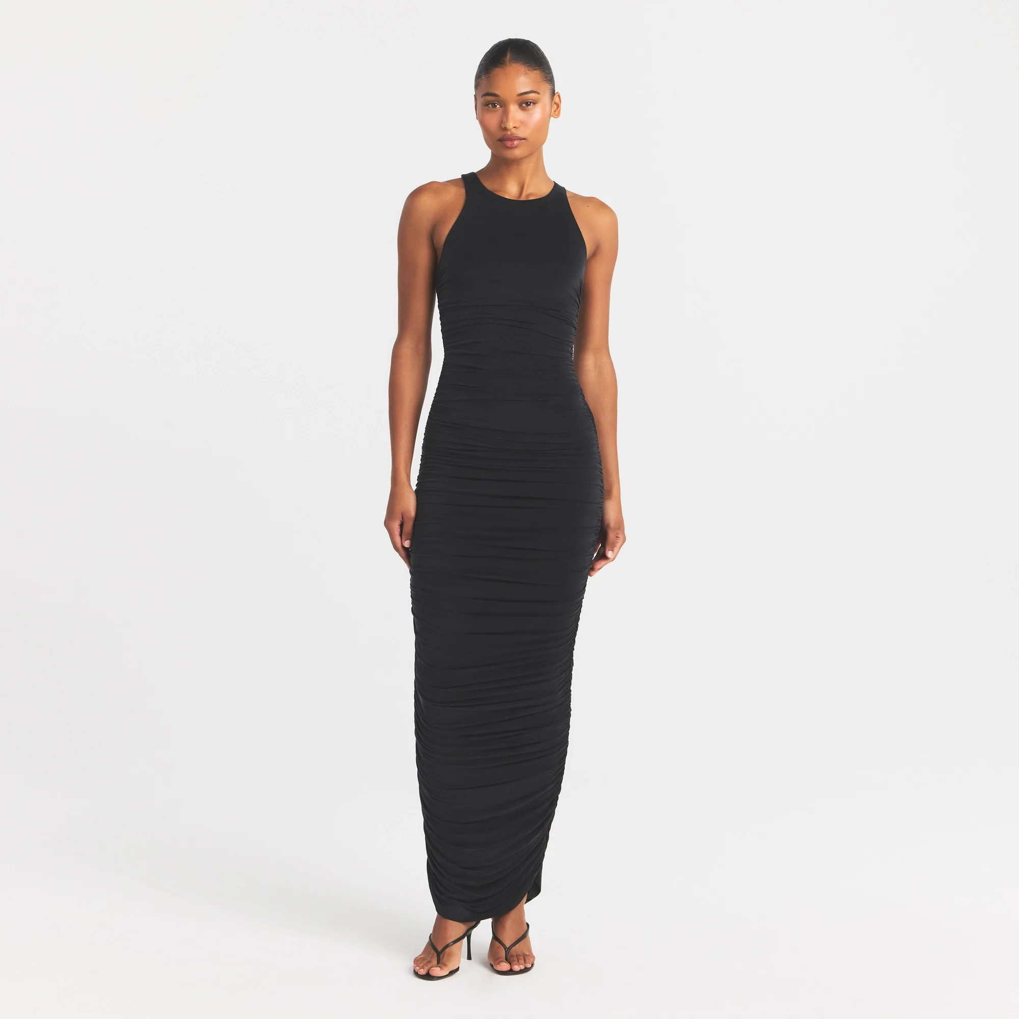 CUPRO JERSEY RUCHED LONG DRESS | OBSIDIAN - Image 5