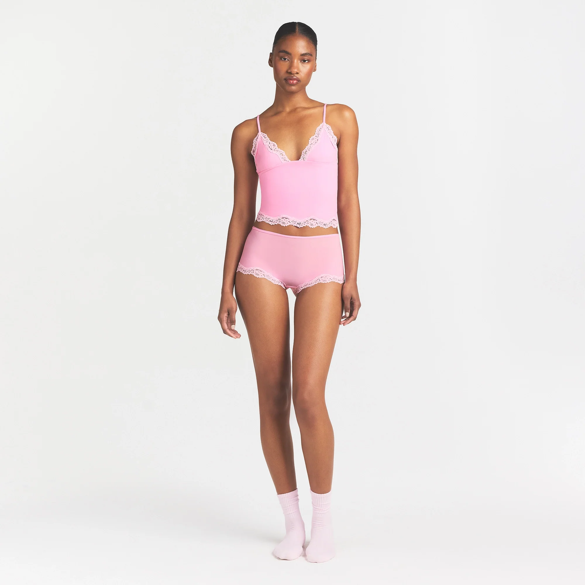 FITS EVERYBODY LACE TRIANGLE CAMI AND BOY SHORT SET | BUBBLE GUM TONAL - Image 2