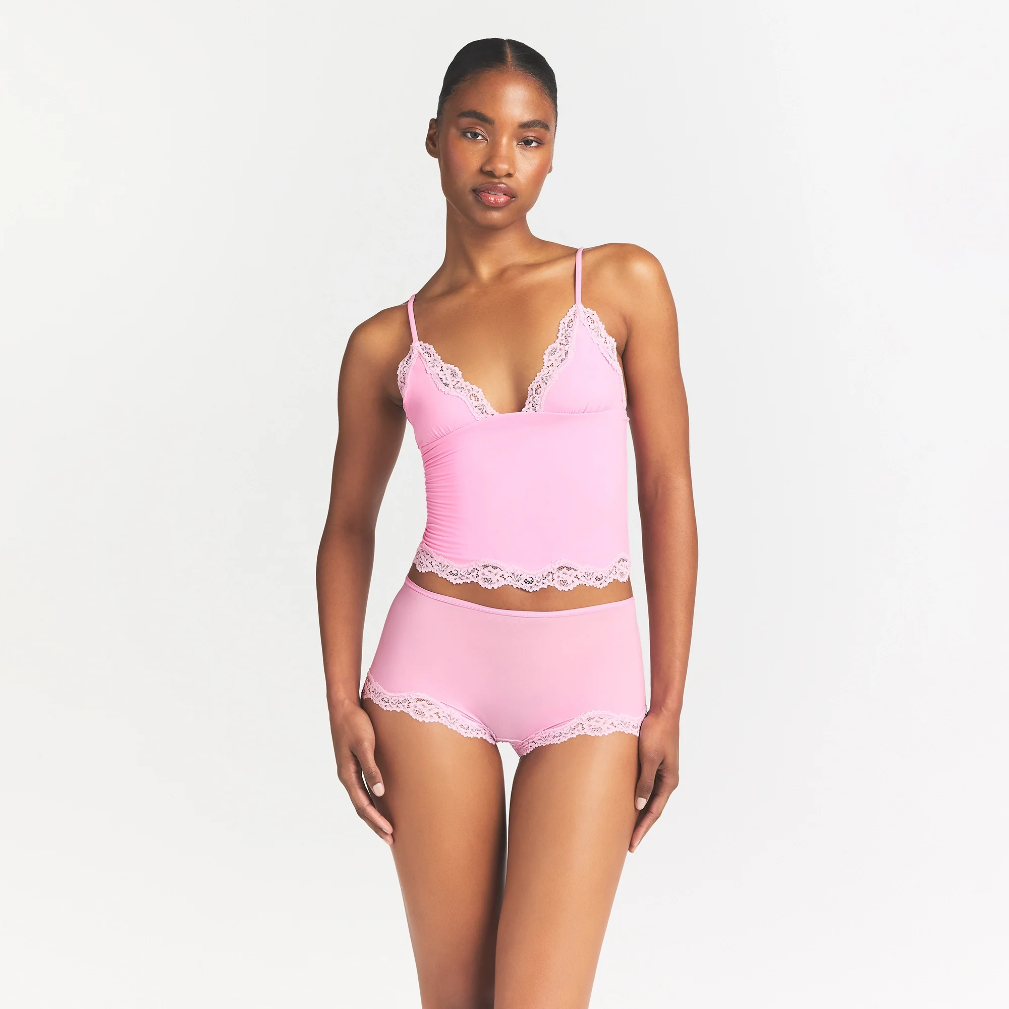 FITS EVERYBODY LACE TRIANGLE CAMI AND BOY SHORT SET | BUBBLE GUM TONAL - Image 3