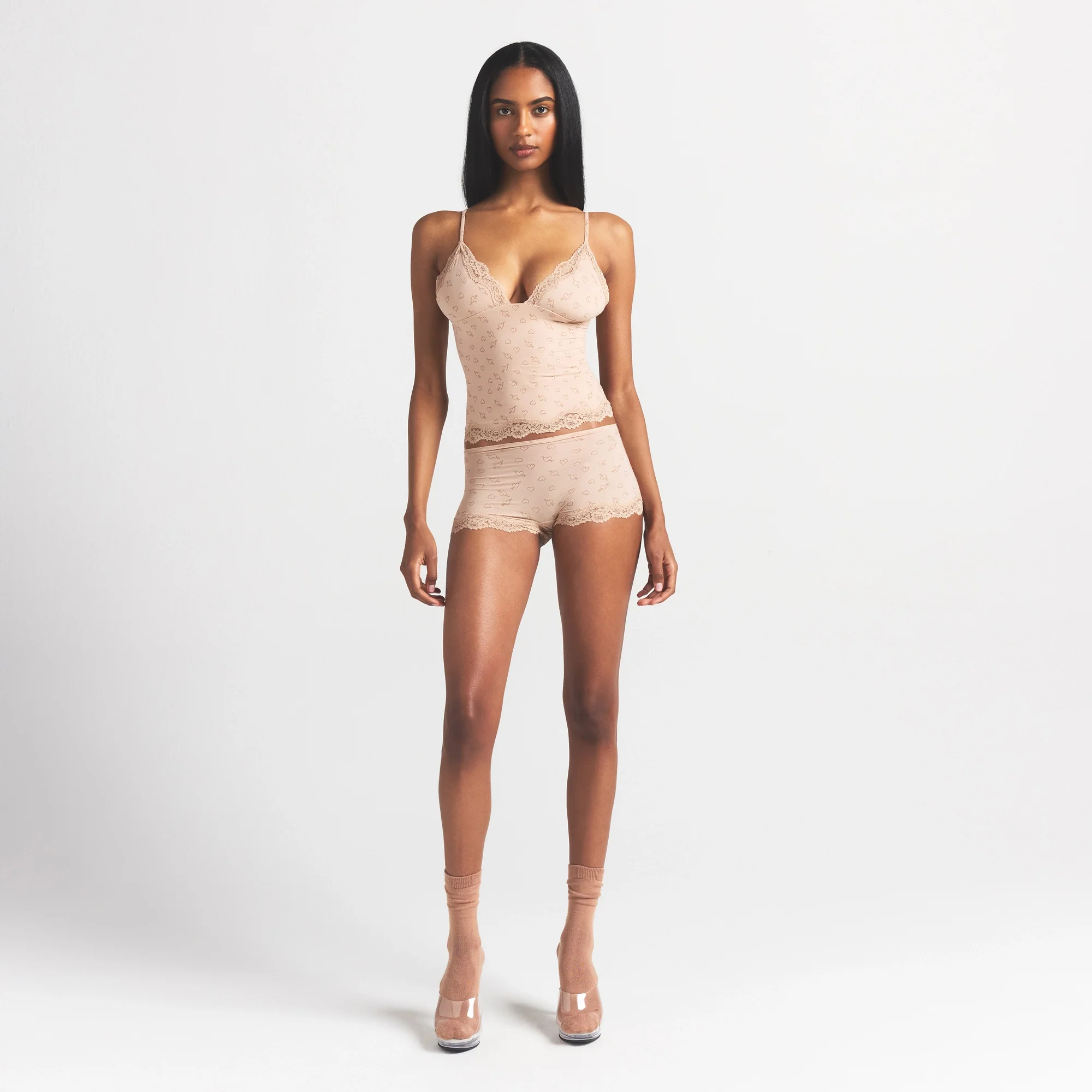 FITS EVERYBODY LACE TRIANGLE CAMI AND BOY SHORT SET | MICA SKETCHED HEARTS - Image 2