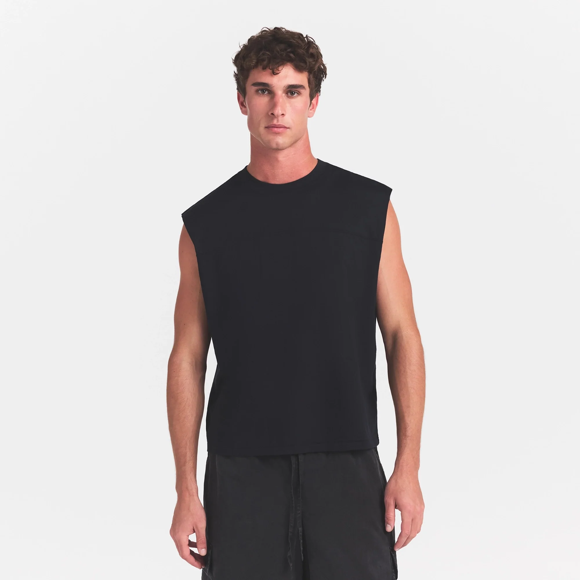 HEAVYWEIGHT COTTON MENS CROPPED MUSCLE TANK | OBSIDIAN - Image 3