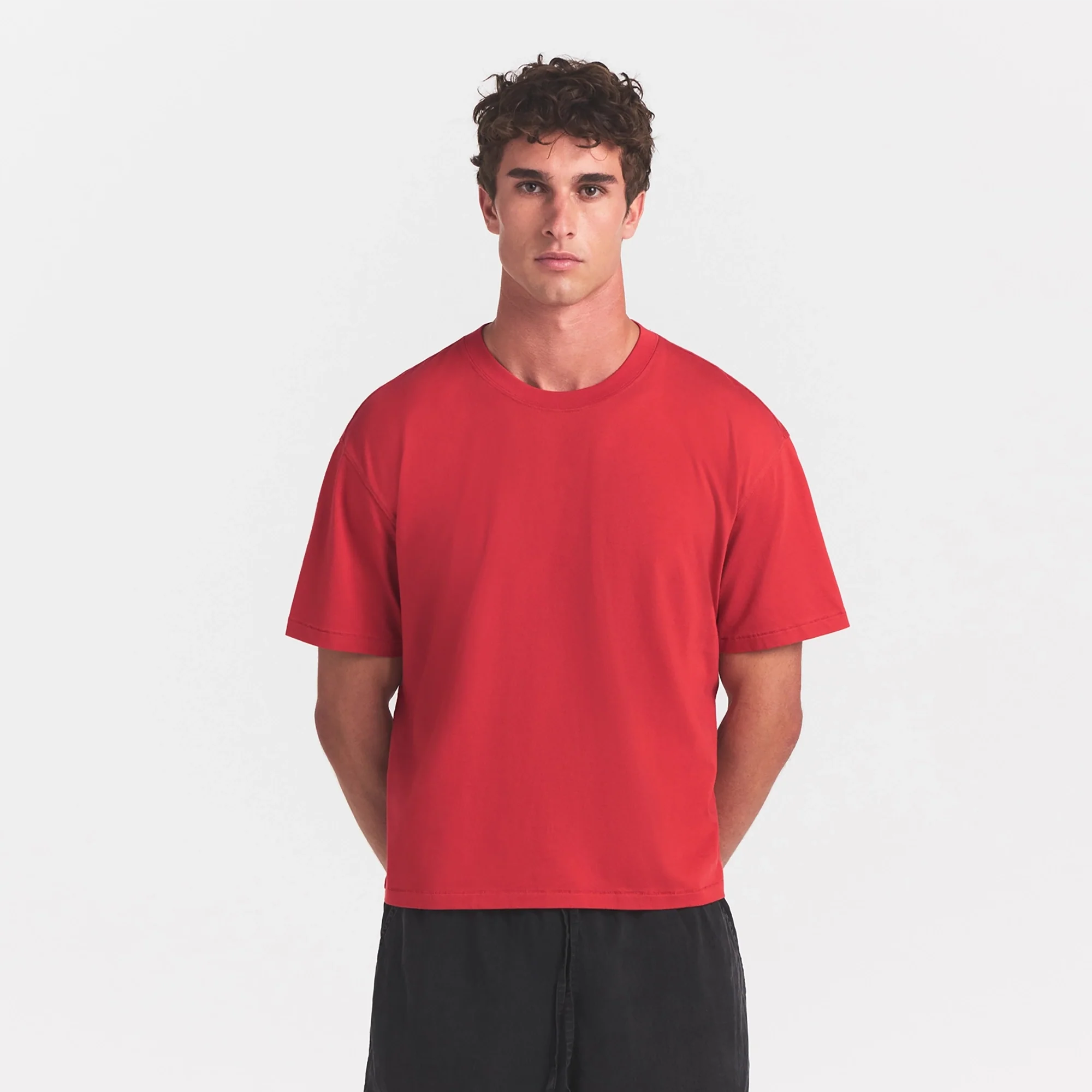 HEAVYWEIGHT COTTON MENS RELAXED CROPPED CREWNECK | WASHED RED - Image 3