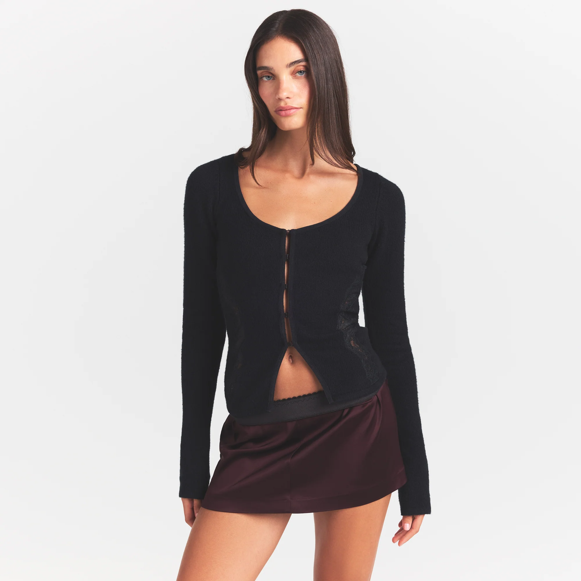 LACE KNIT LONG SLEEVE CARDIGAN | OBSIDIAN - Image 3