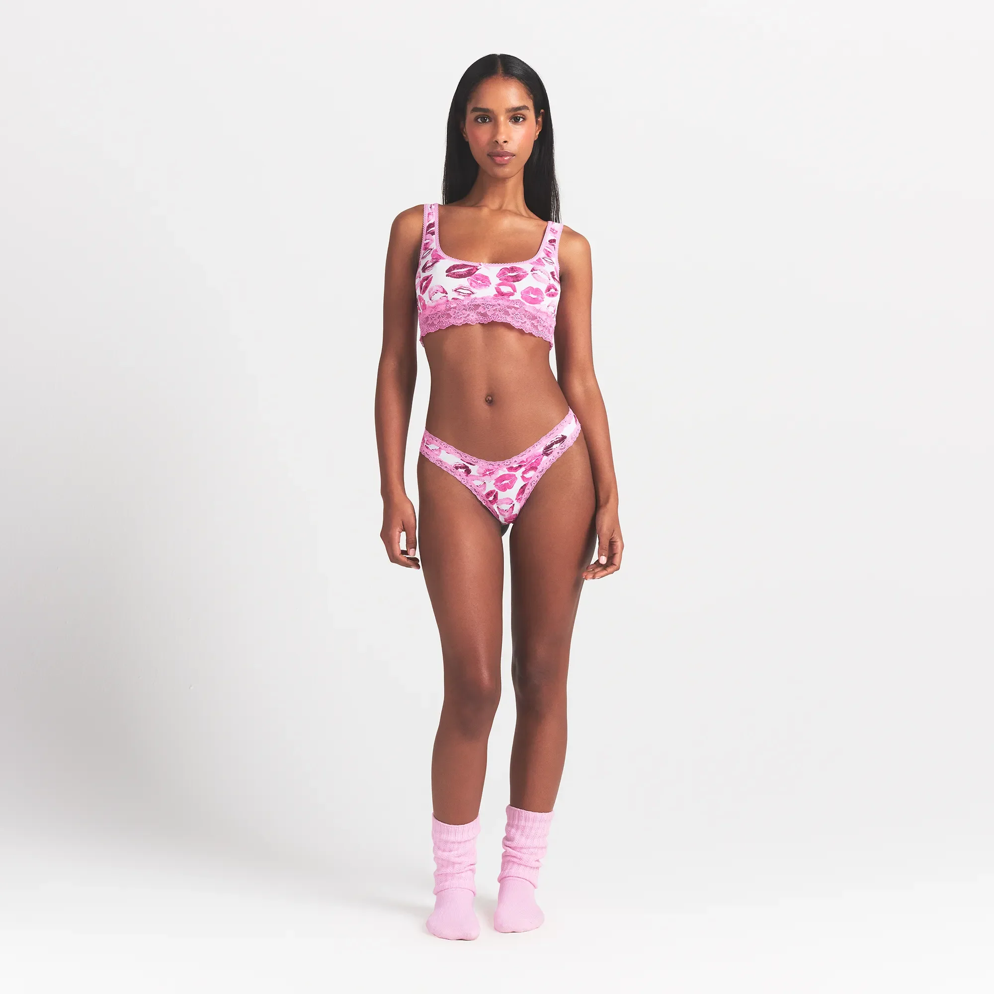 LIGHTWEIGHT COTTON LACE THONG | PINK ALLOVER LIPSTICK - Image 2
