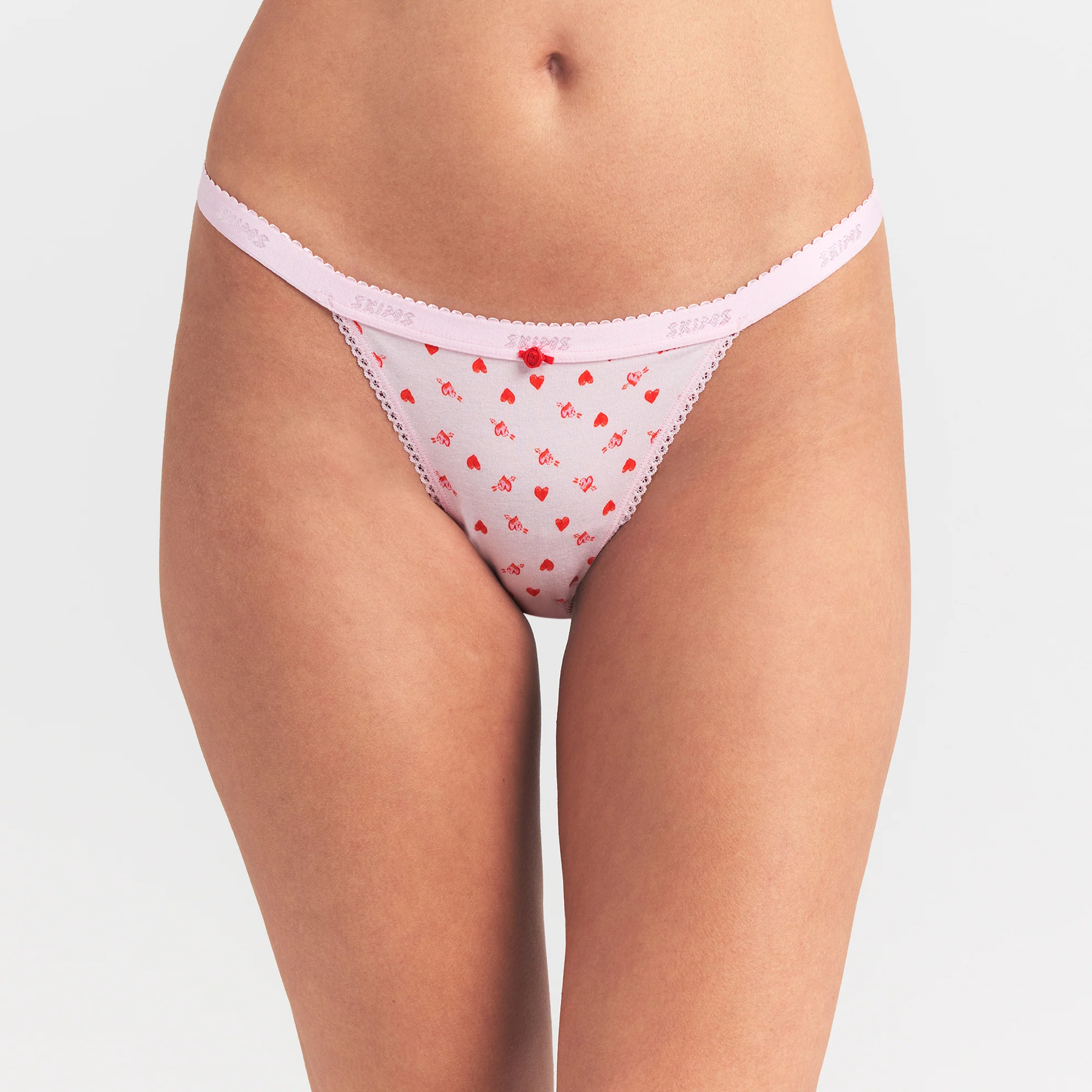 LIGHTWEIGHT COTTON LOGO PICOT STRING BIKINI | BABY PINK ARROWED HEARTS - Image 3