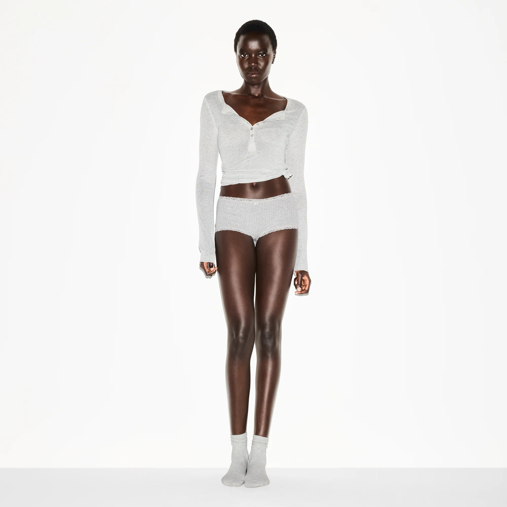 LIGHTWEIGHT COTTON POINTELLE LACE BOY SHORT | LIGHT HEATHER GREY - Image 2