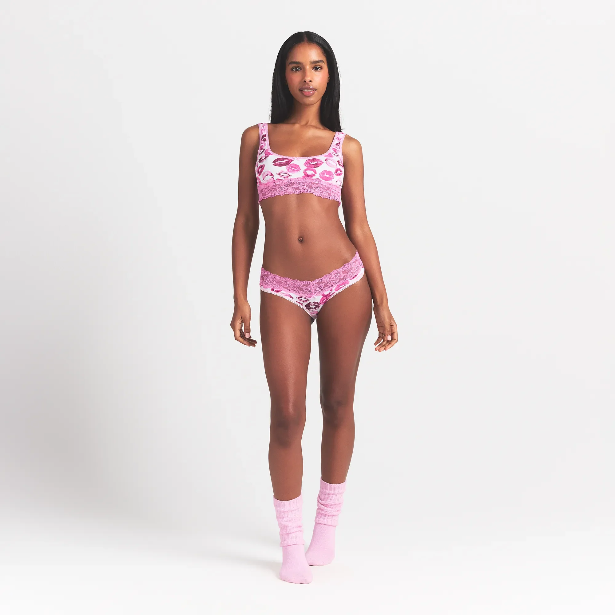 LIGHTWEIGHT COTTON WIDE LACE BRIEF | PINK ALLOVER LIPSTICK - Image 2