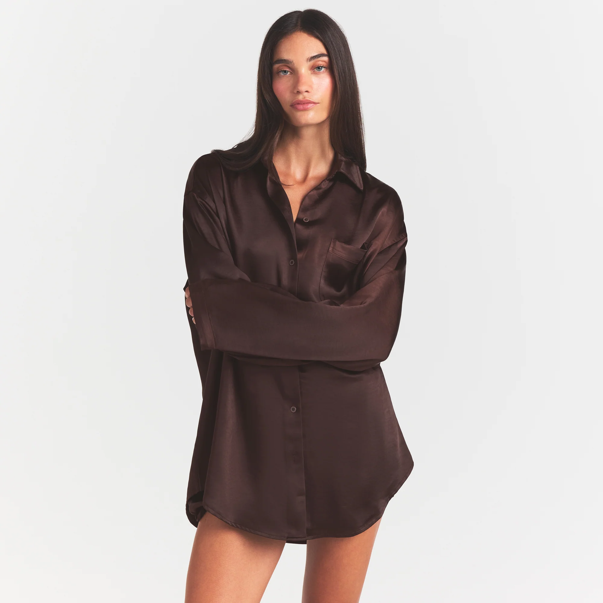 LIGHTWEIGHT SATIN OVERSIZED SHIRT | ESPRESSO - Image 3