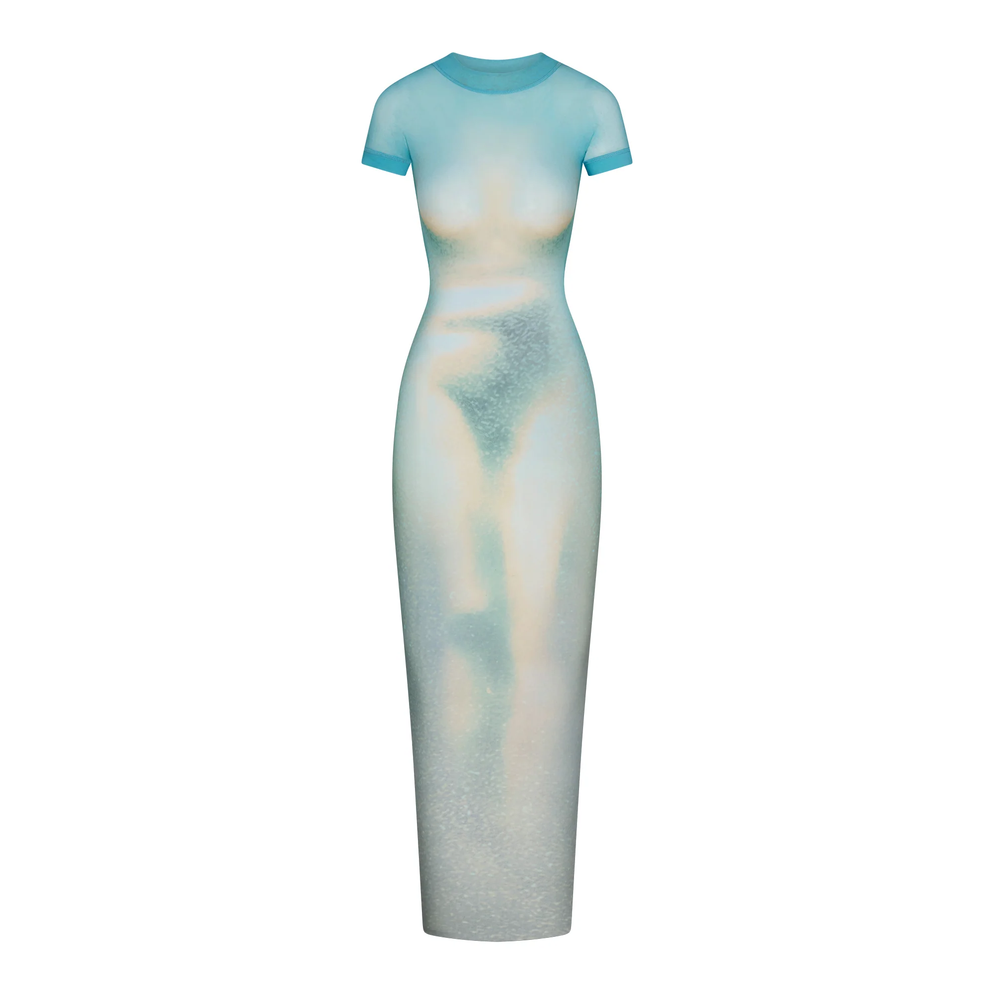 MESH COVER-UPS LONG DRESS | CYAN FK BODY PRINT