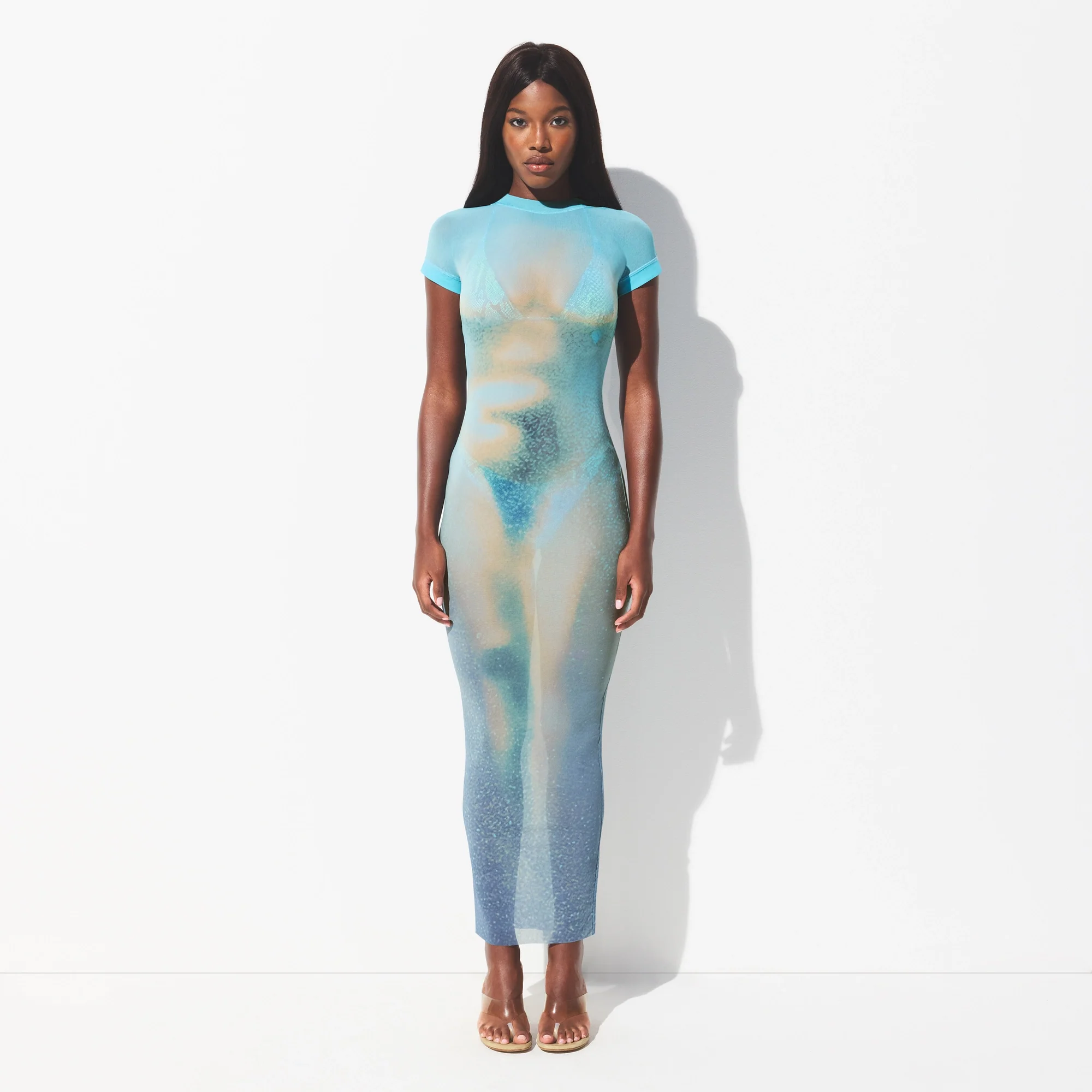 MESH COVER-UPS LONG DRESS | CYAN FK BODY PRINT - Image 2