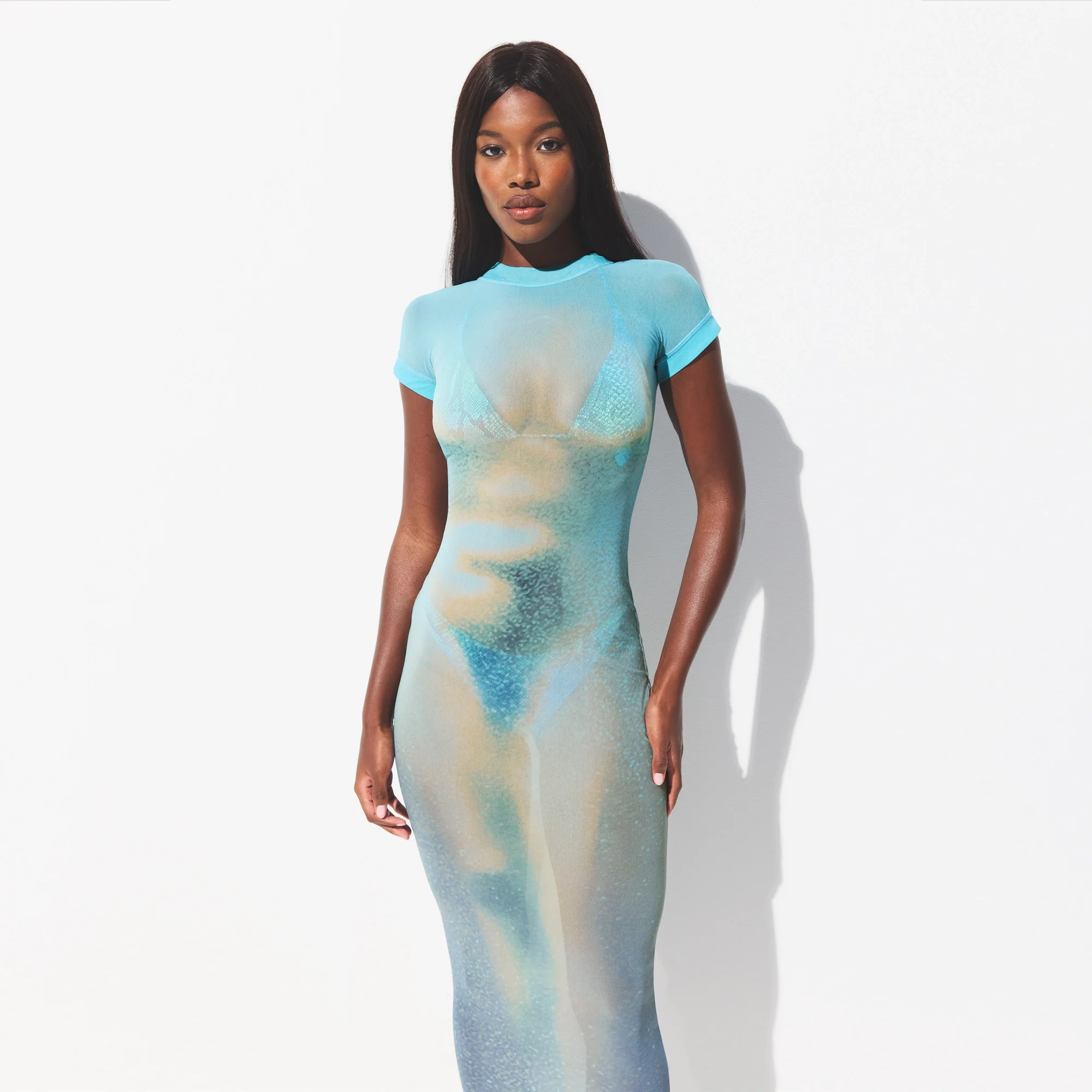 MESH COVER-UPS LONG DRESS | CYAN FK BODY PRINT - Image 3