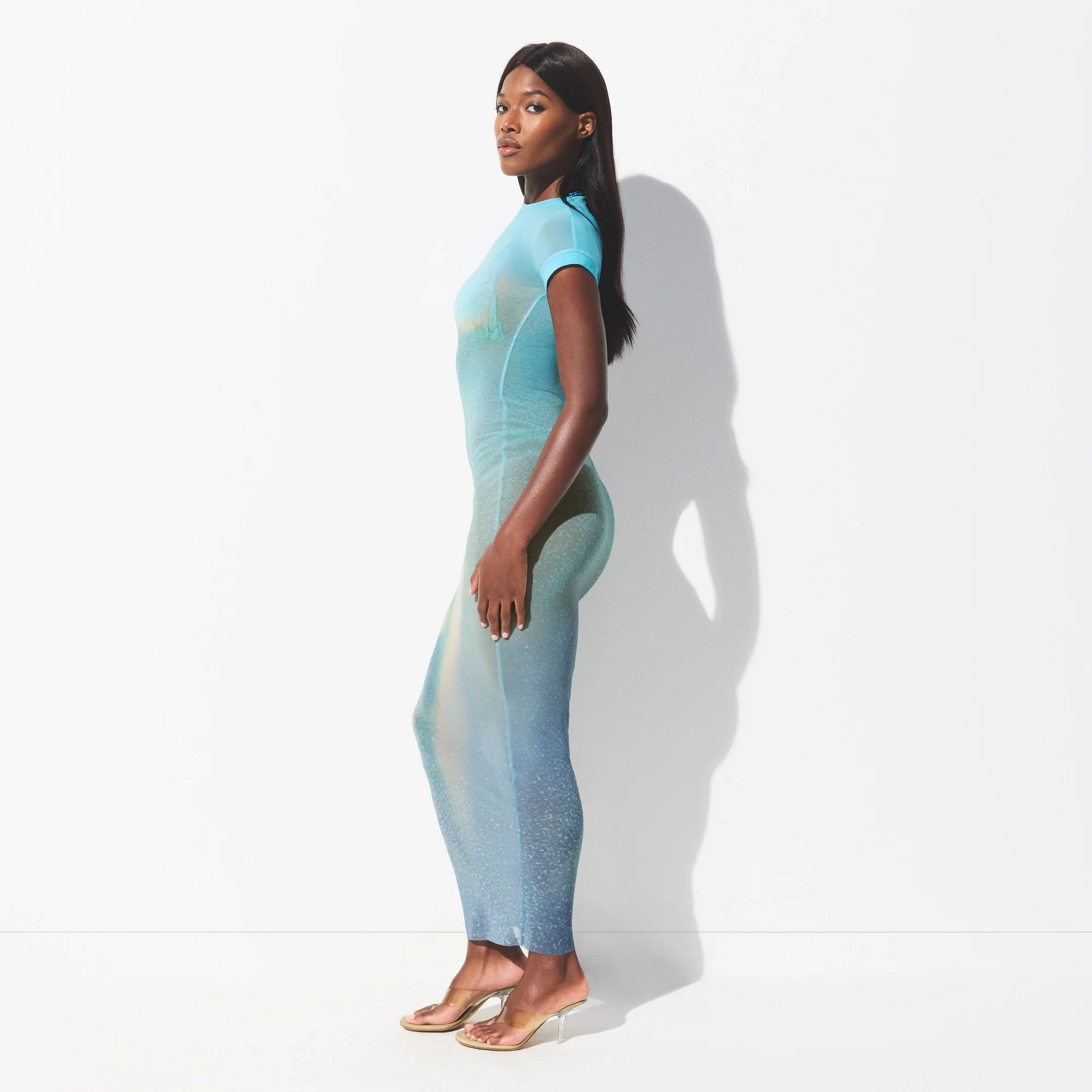 MESH COVER-UPS LONG DRESS | CYAN FK BODY PRINT - Image 4