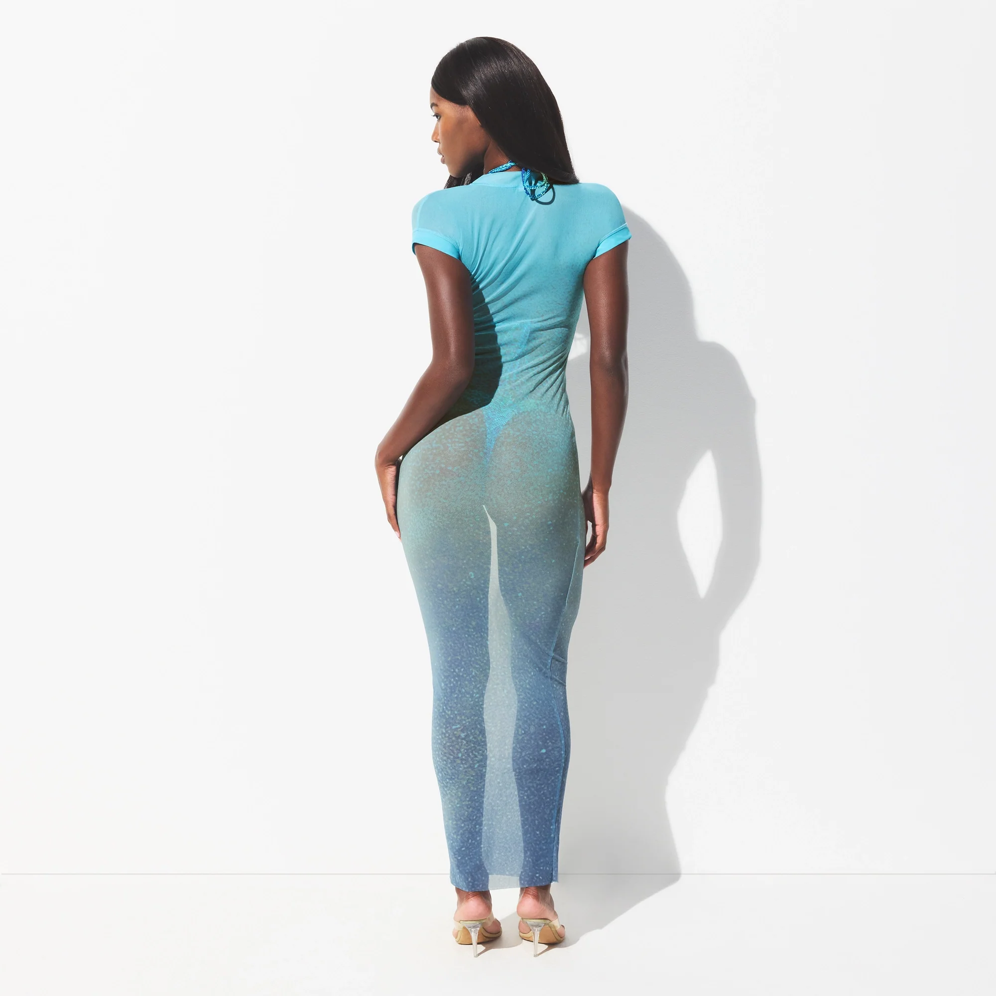 MESH COVER-UPS LONG DRESS | CYAN FK BODY PRINT - Image 5