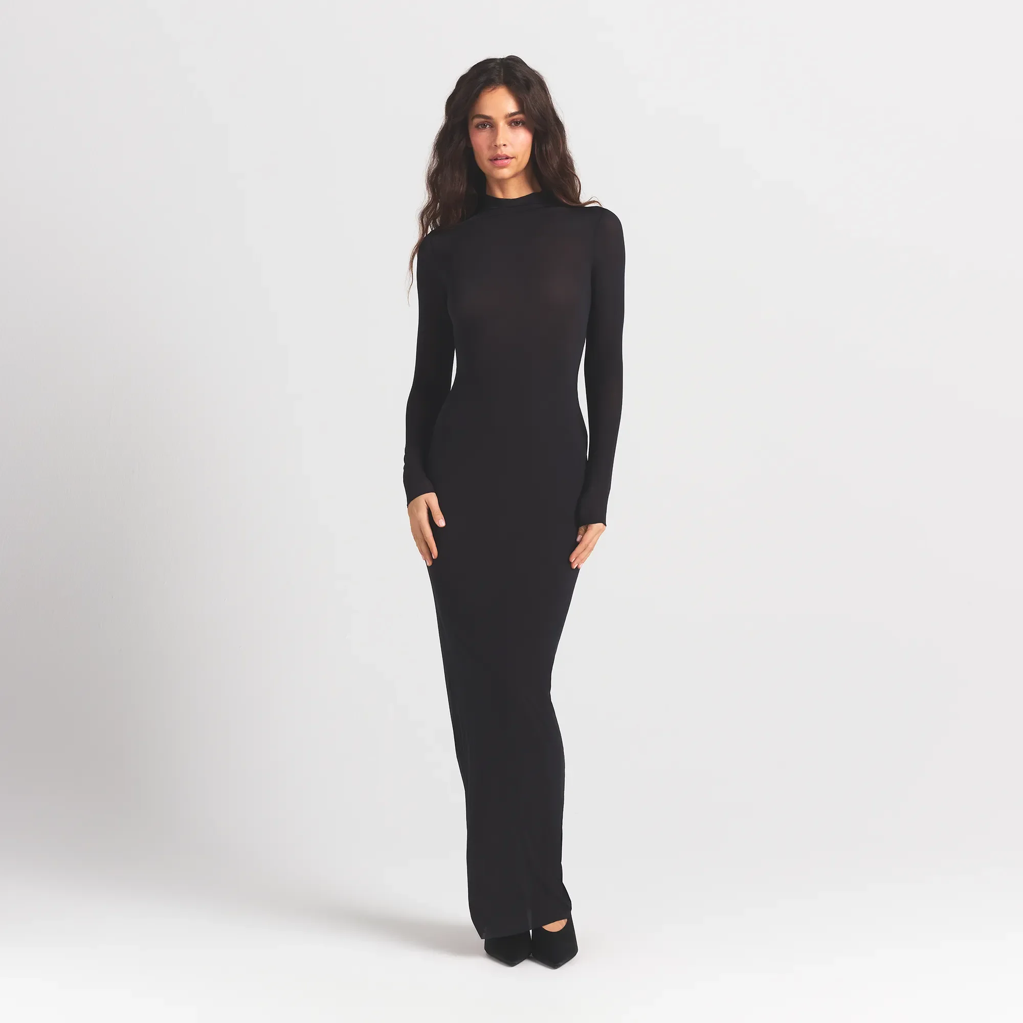 MILKY SHEER MOCK NECK LONG SLEEVE LONG DRESS | OBSIDIAN