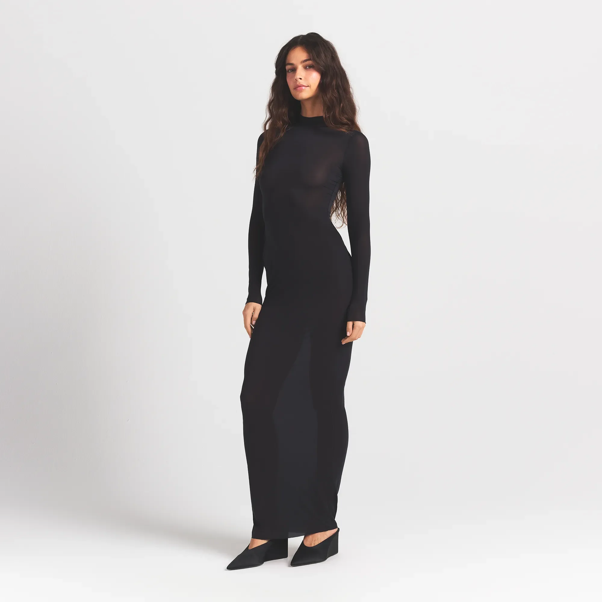 MILKY SHEER MOCK NECK LONG SLEEVE LONG DRESS | OBSIDIAN - Image 2