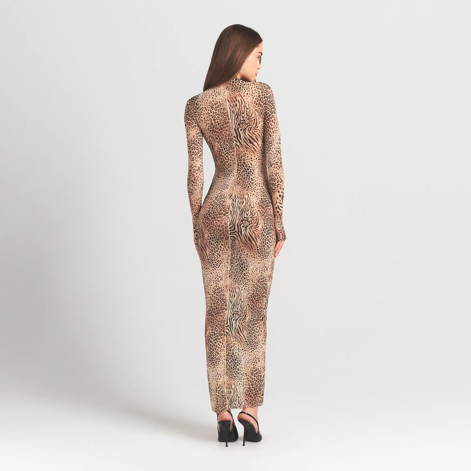 MILKY SHEER MOCK NECK LONG SLEEVE LONG DRESS | SAND MULTI ANIMAL - Image 3