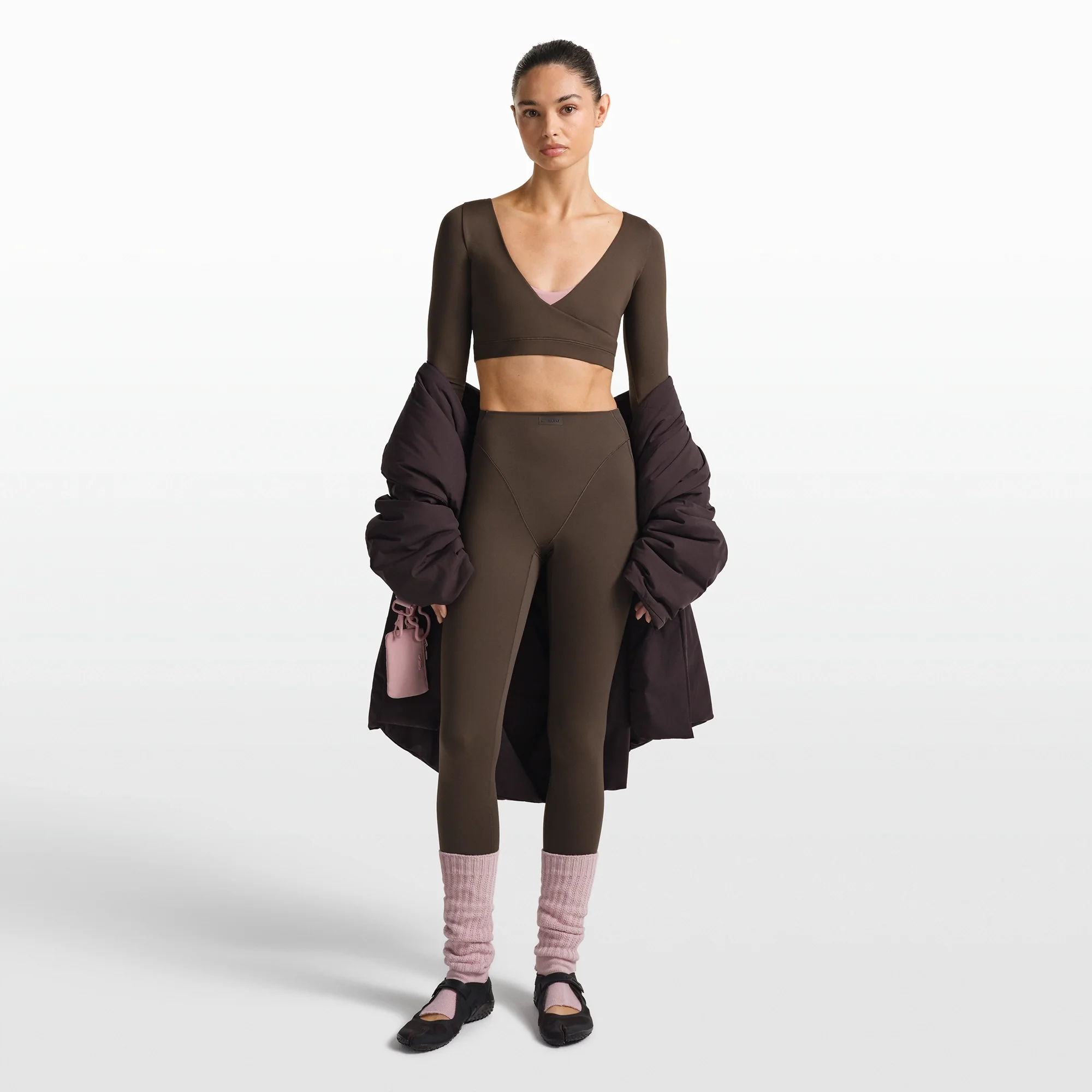 NikeSKIMS MATTE WRAP LONG SLEEVE CROPPED TOP | DARK SEPIA - Image 2