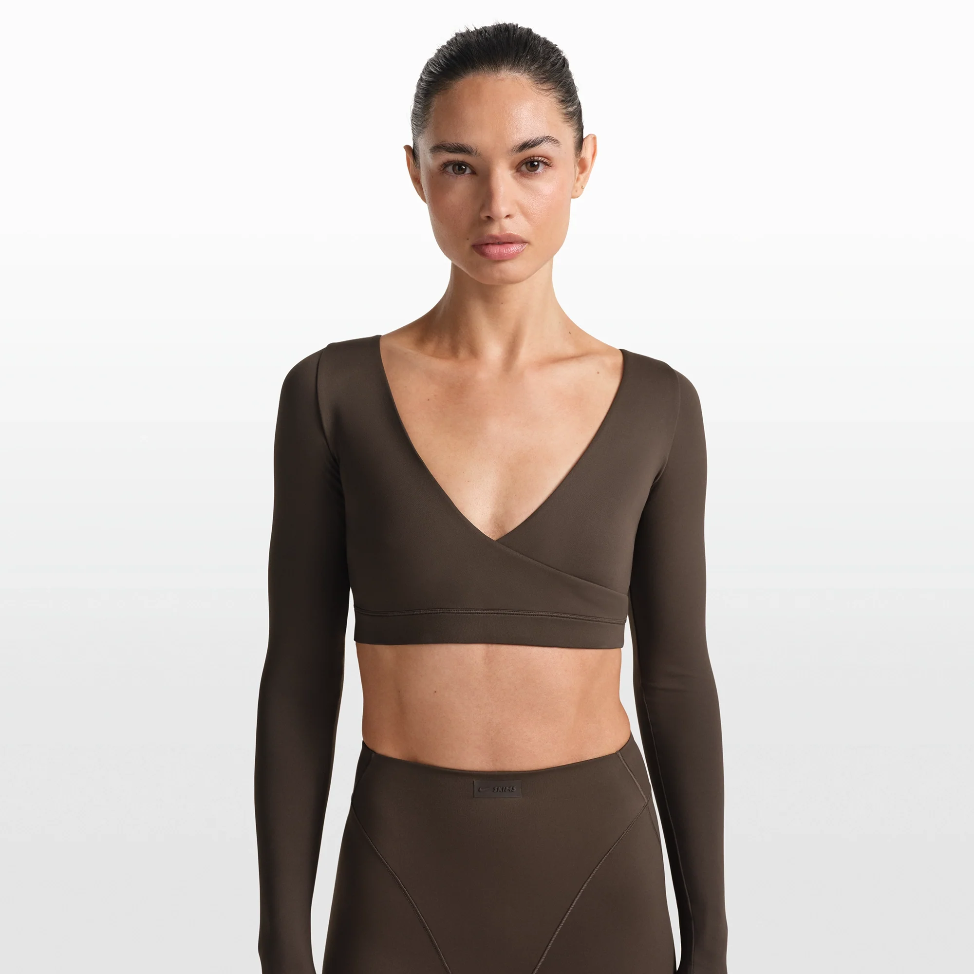 NikeSKIMS MATTE WRAP LONG SLEEVE CROPPED TOP | DARK SEPIA - Image 3